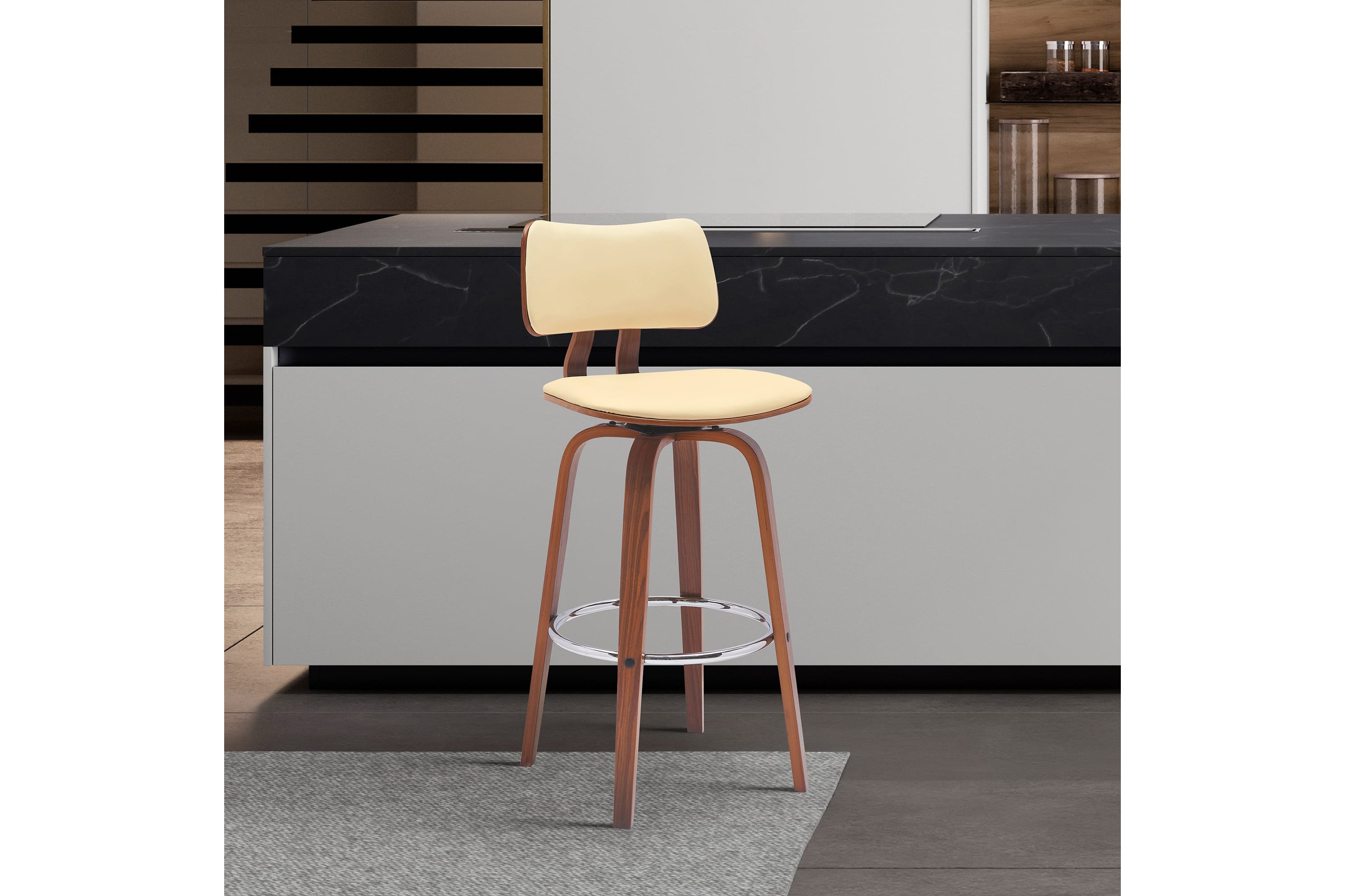 Pico 26" Swivel Walnut Wood Counter Stool in Cream Faux Leather with Chrome