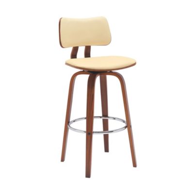 Armen Living Pico 30" Swivel Walnut Wood Bar Stool in Cream Faux Leather with Chrome, White