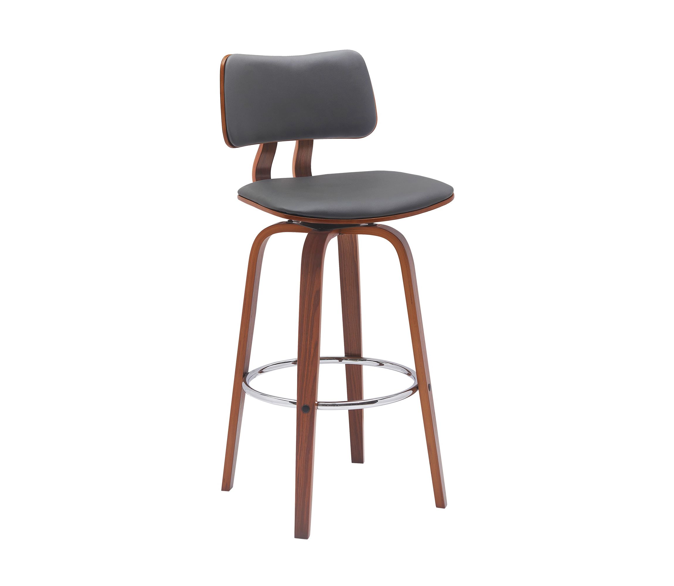 Pico 30" Swivel Walnut Wood Bar Stool in Gray Faux Leather with Chrome