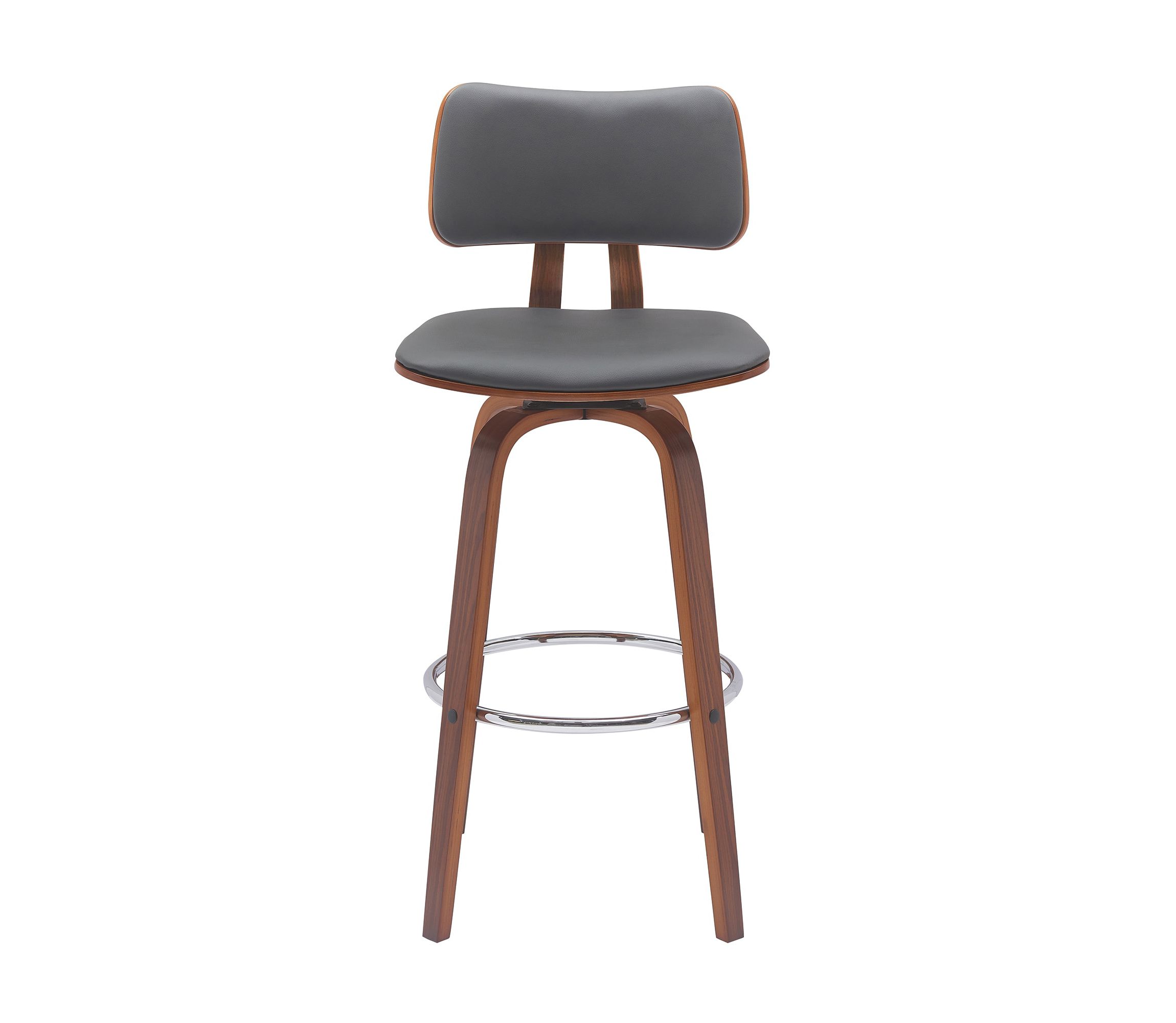 Pico 30" Swivel Walnut Wood Bar Stool in Gray Faux Leather with Chrome