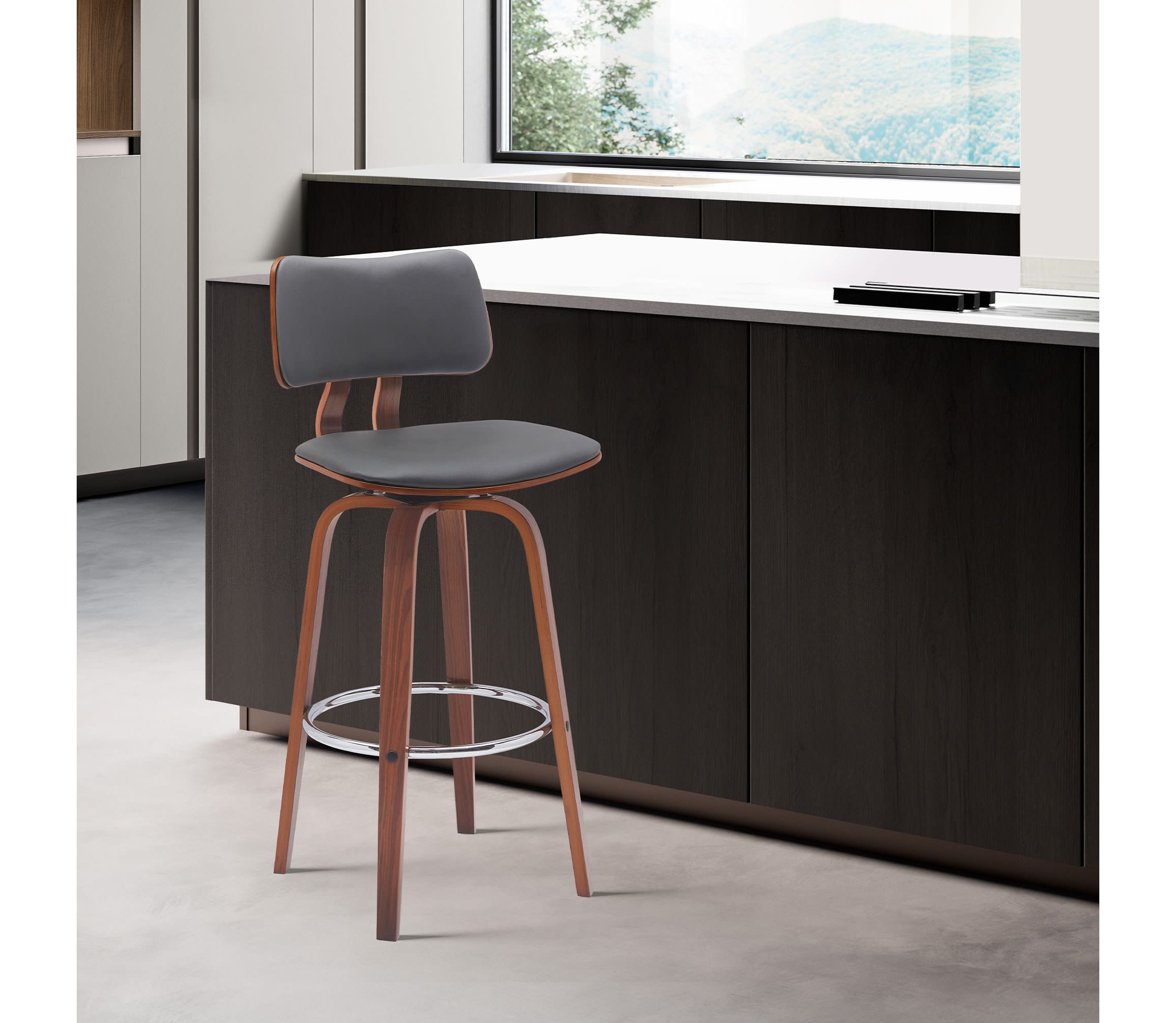 Pico 30" Swivel Walnut Wood Bar Stool in Gray Faux Leather with Chrome