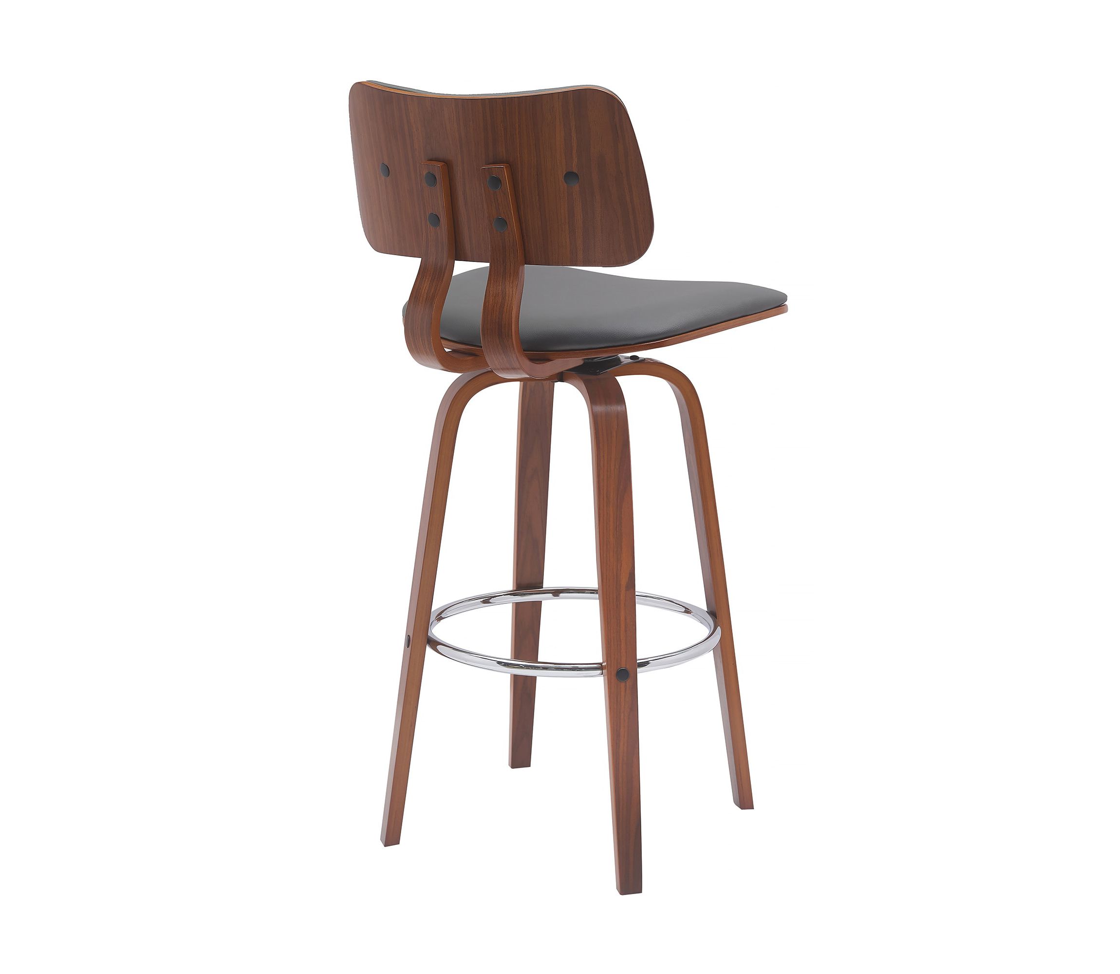 Pico 30" Swivel Walnut Wood Bar Stool in Gray Faux Leather with Chrome