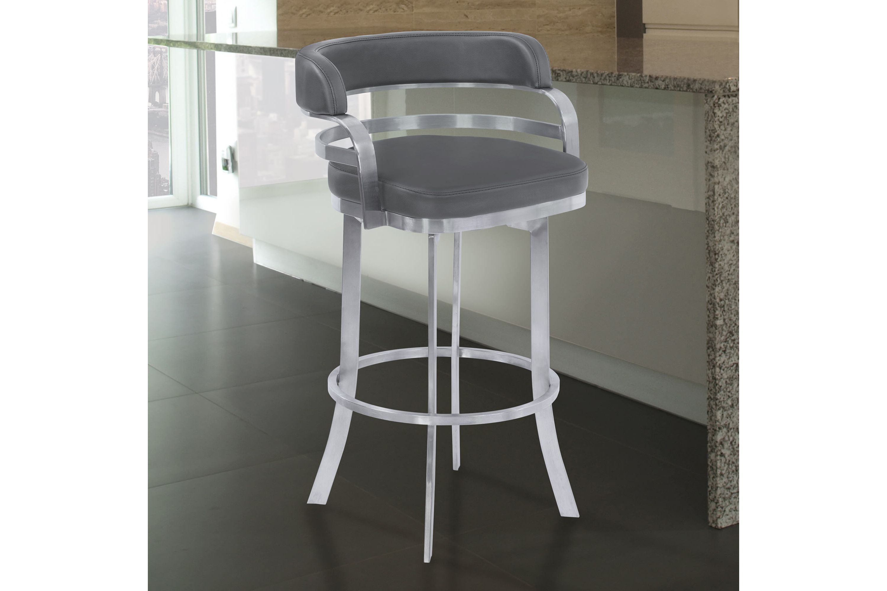 Prinz 26" Counter Height Swivel Gray Faux Leather and Brushed Stainless Steel Bar Stool