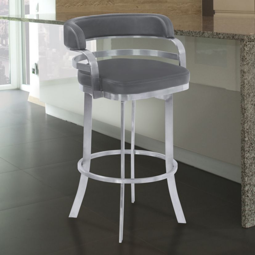 Prinz 26" Counter Height Swivel Gray Faux Leather and Brushed Stainless Steel Bar Stool