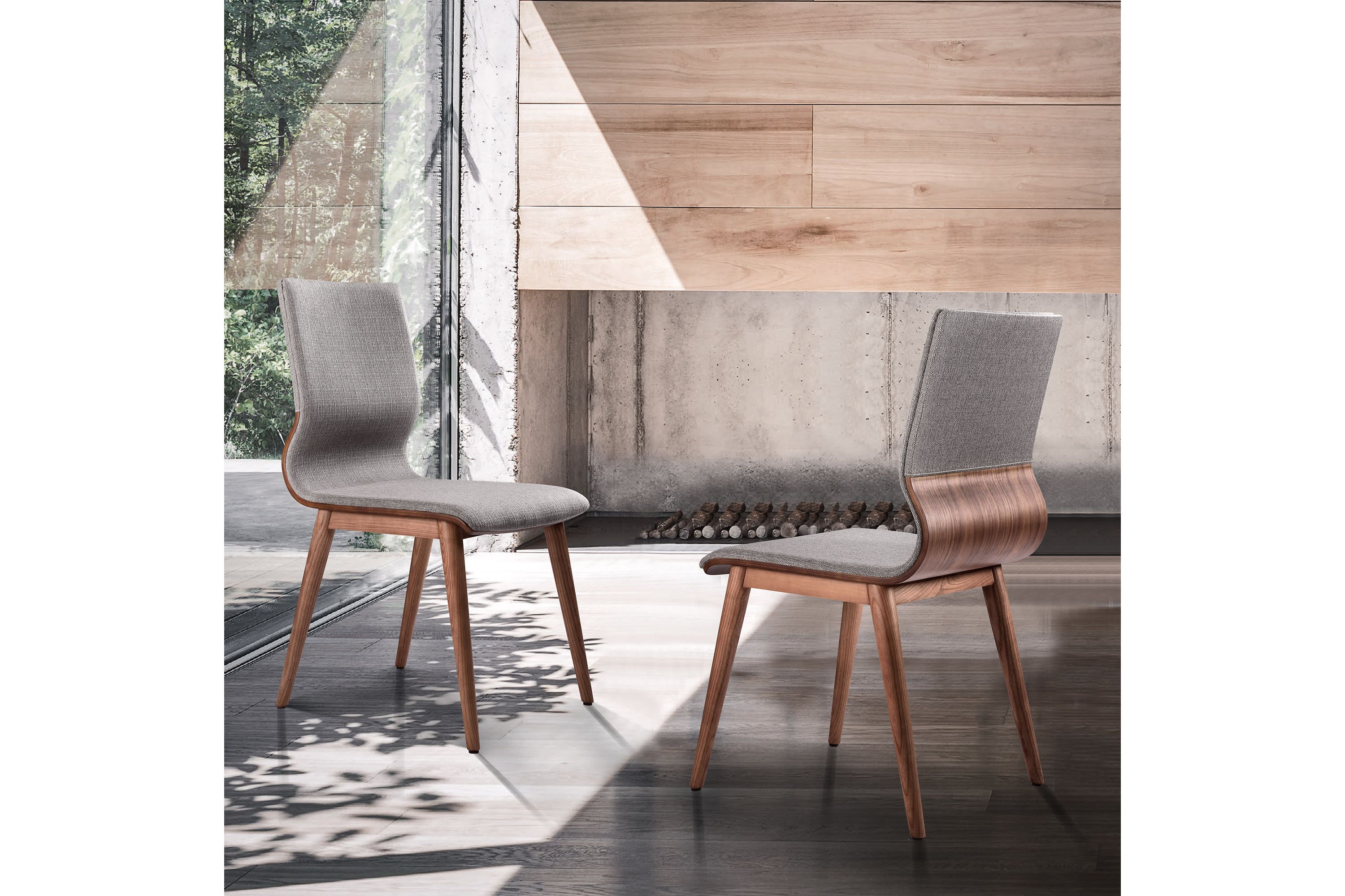 Robin Mid-Century Dining Chair in Walnut Finish and Gray Fabric - Set of 2