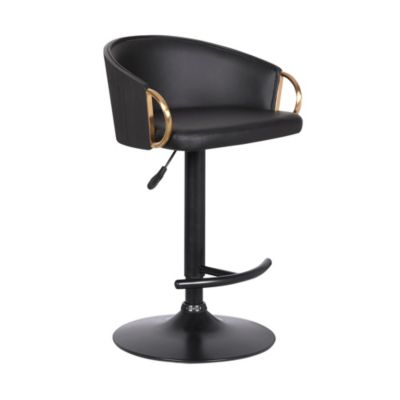 Armen Living Solstice Adjustable Black Faux Leather Swivel Barstool With Black Powder Coated Finish and Gold Accents