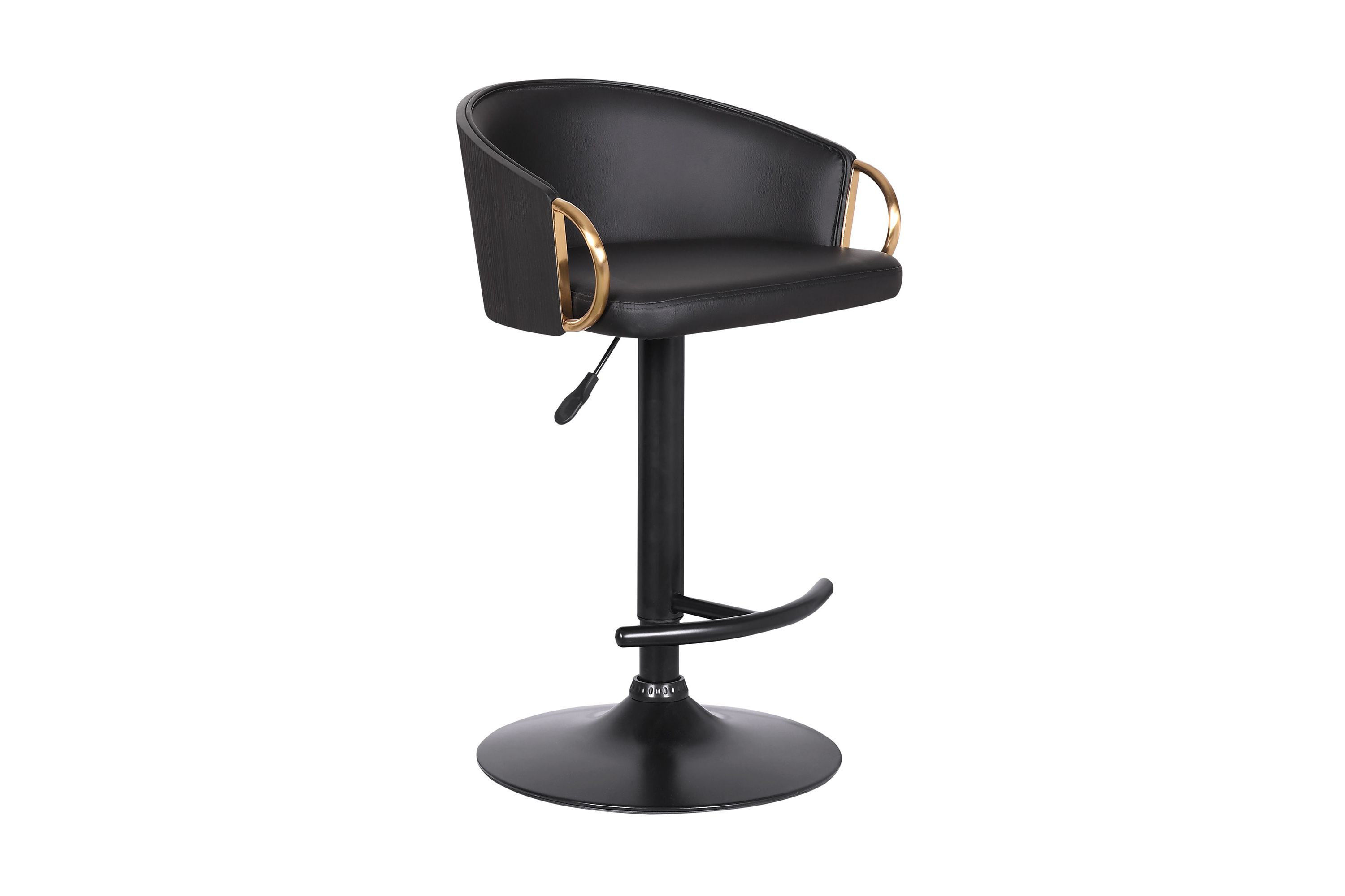 Solstice Adjustable Black Faux Leather Swivel Barstool With Black Powder Coated Finish and Gold Accents
