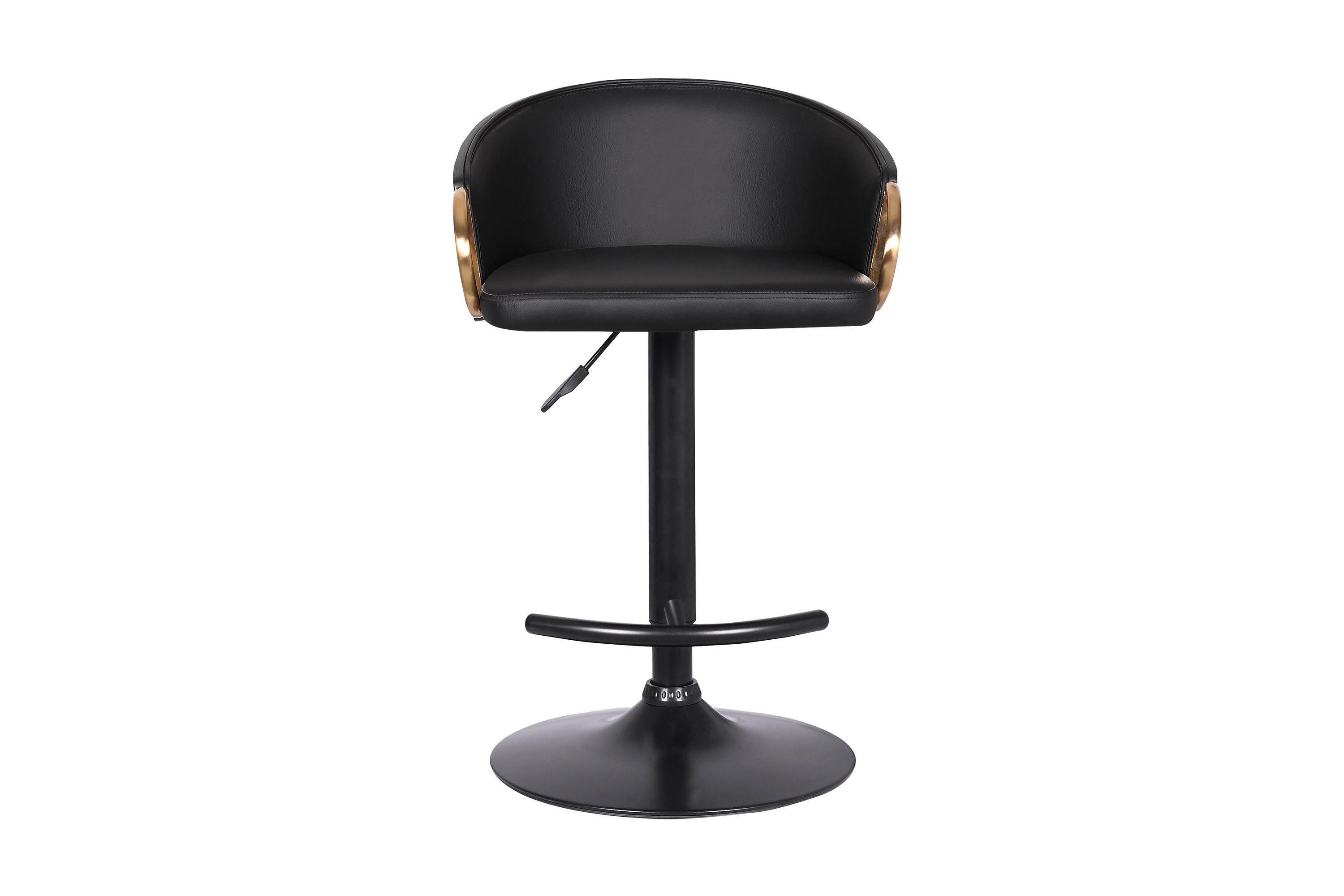 Solstice Adjustable Black Faux Leather Swivel Barstool With Black Powder Coated Finish and Gold Accents