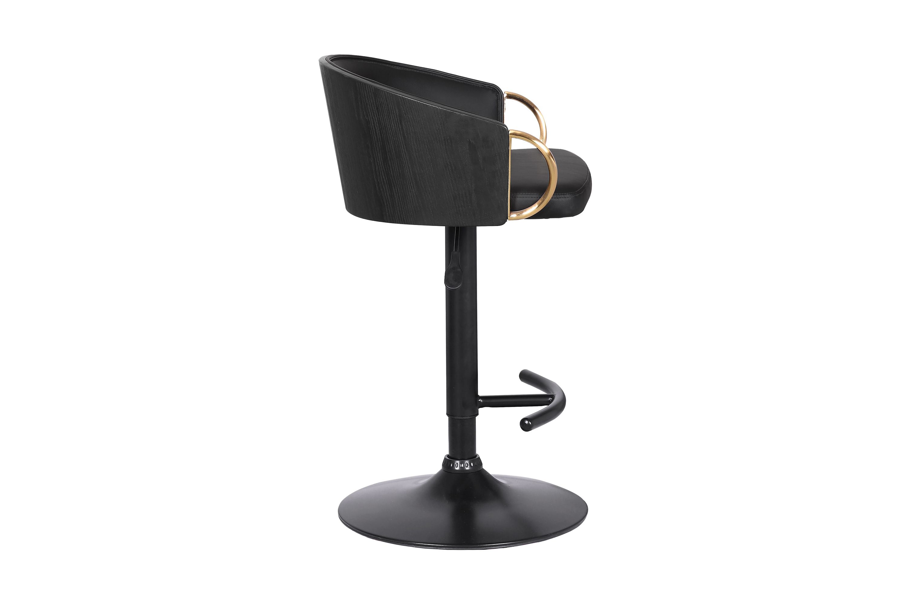 Solstice Adjustable Black Faux Leather Swivel Barstool With Black Powder Coated Finish and Gold Accents