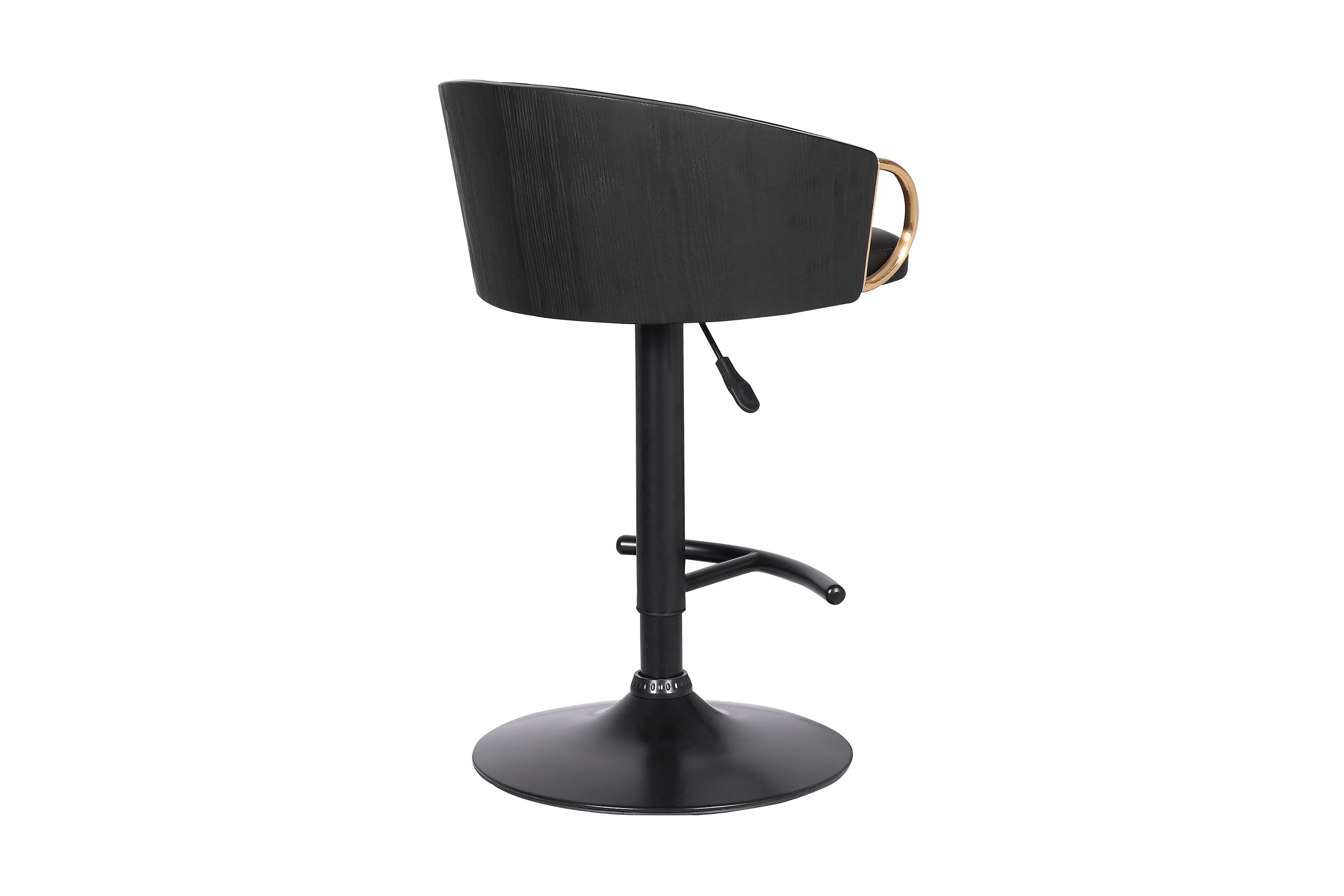 Solstice Adjustable Black Faux Leather Swivel Barstool With Black Powder Coated Finish and Gold Accents