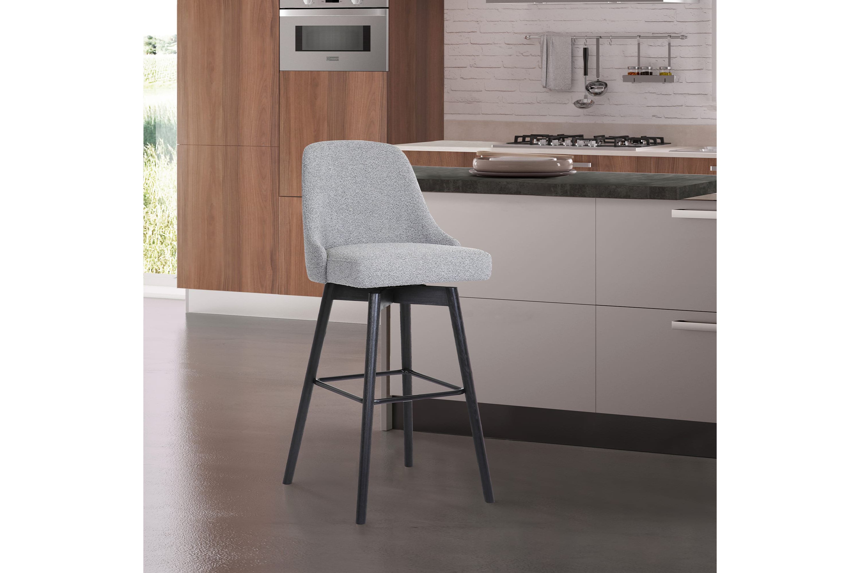 Sicily 26" Swivel Black Wood Counter Stool in Light Gray Fabric