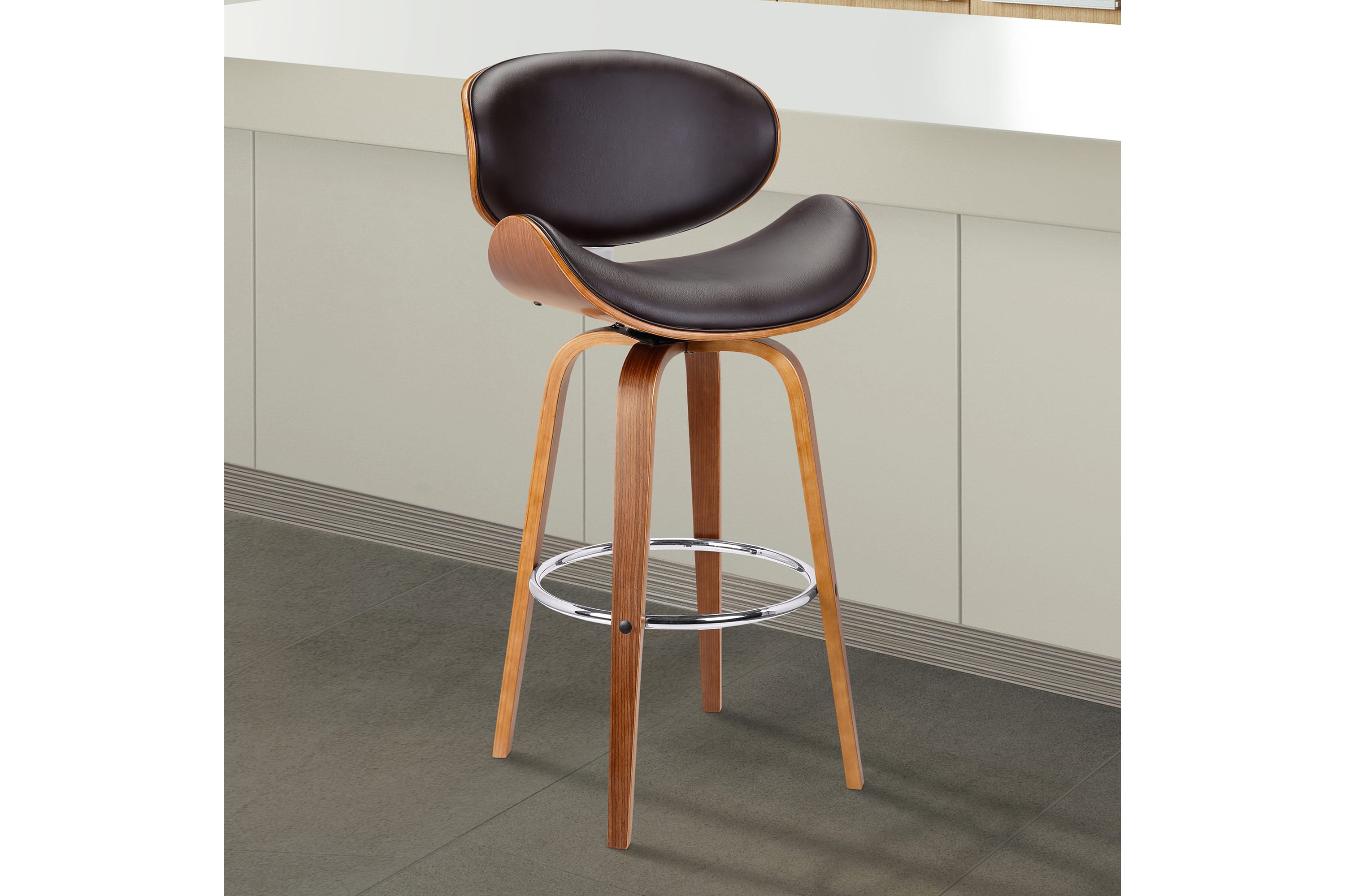 Solvang 26" Swivel Brown Faux Leather and Walnut Wood Counter Stool