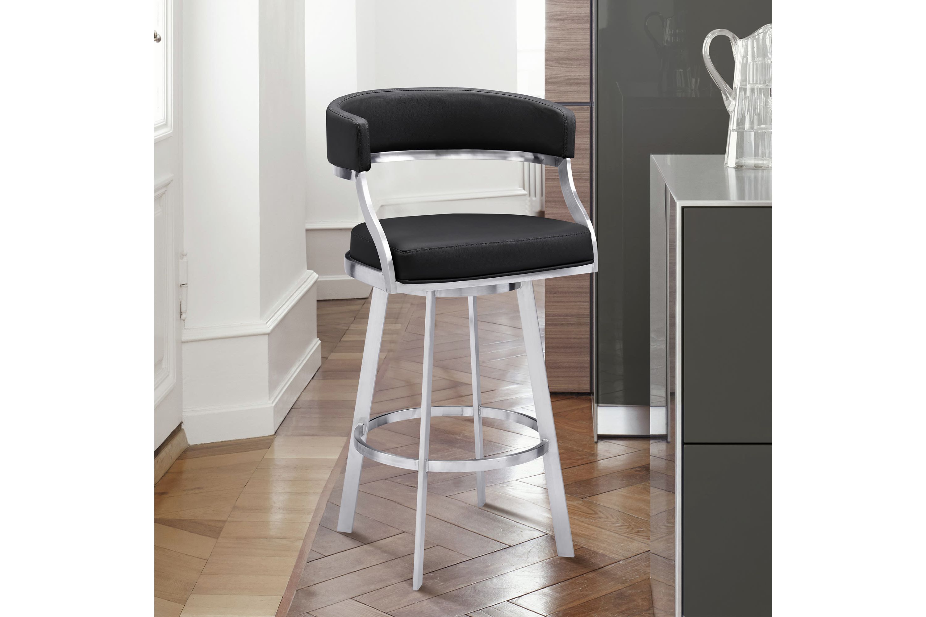 Saturn 30" Bar Height Swivel Black Faux Leather and Brushed Stainless Steel Bar Stool