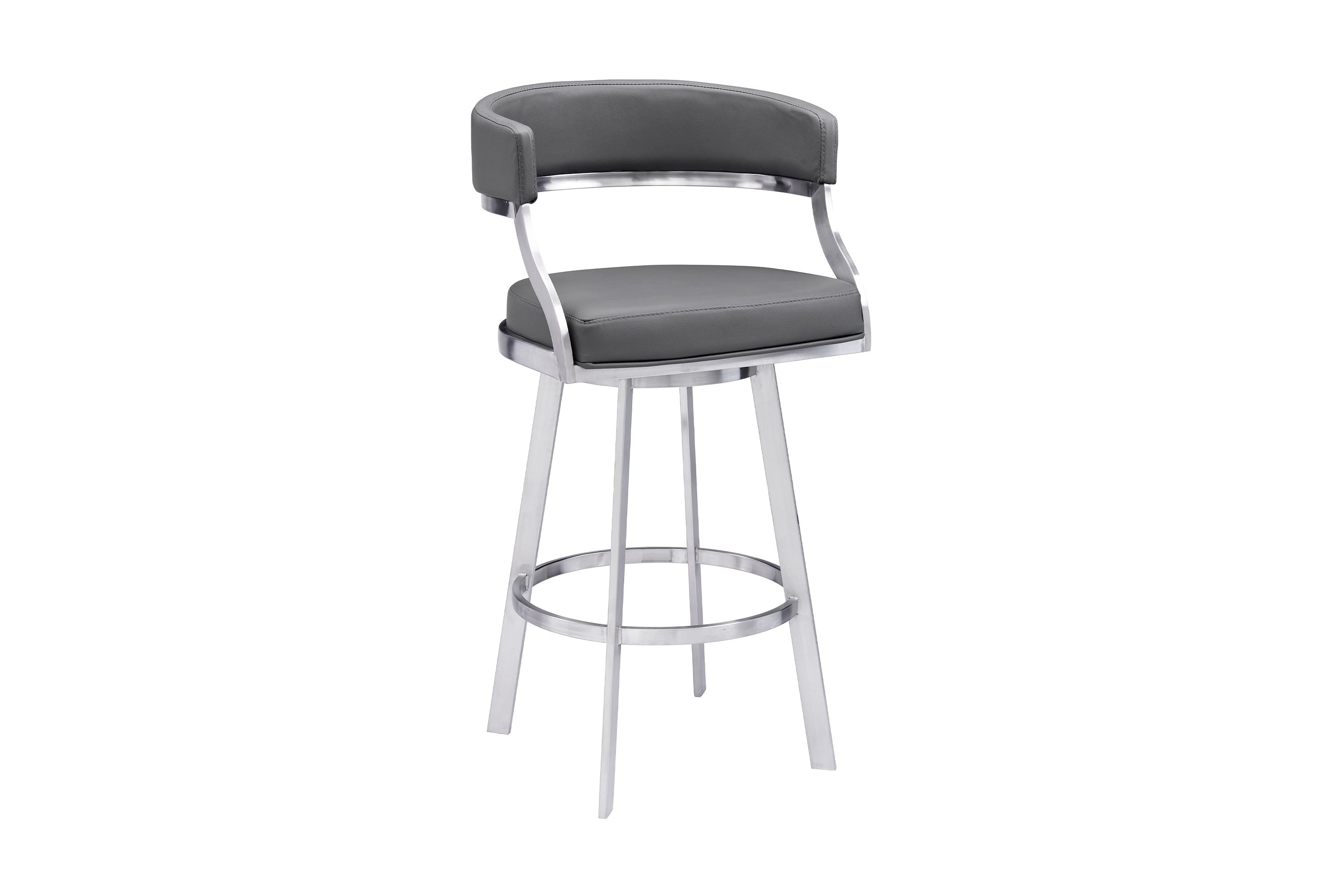 Saturn 30" Bar Height Swivel Gray Faux Leather and Brushed Stainless Steel Bar Stool