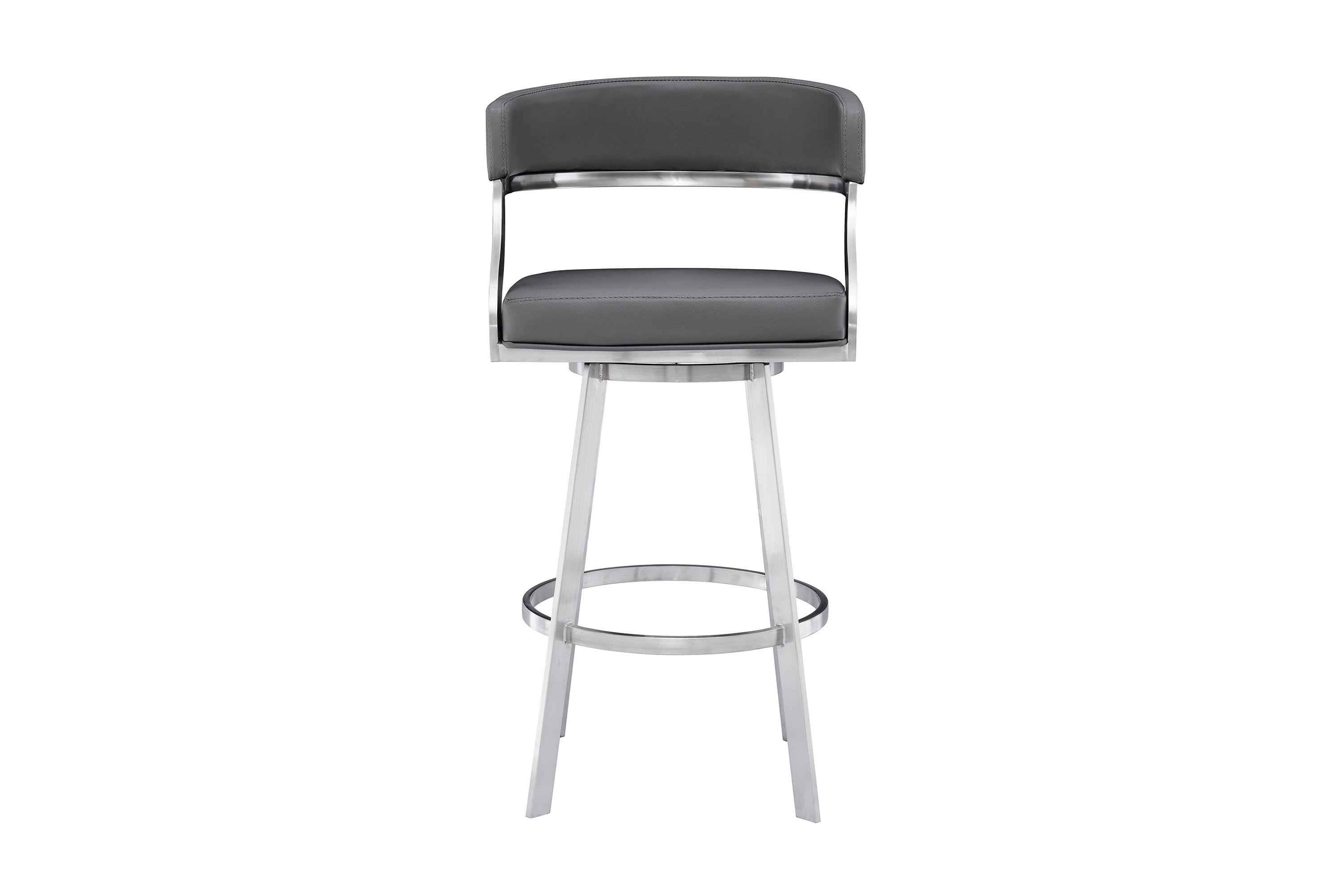 Saturn 30" Bar Height Swivel Gray Faux Leather and Brushed Stainless Steel Bar Stool