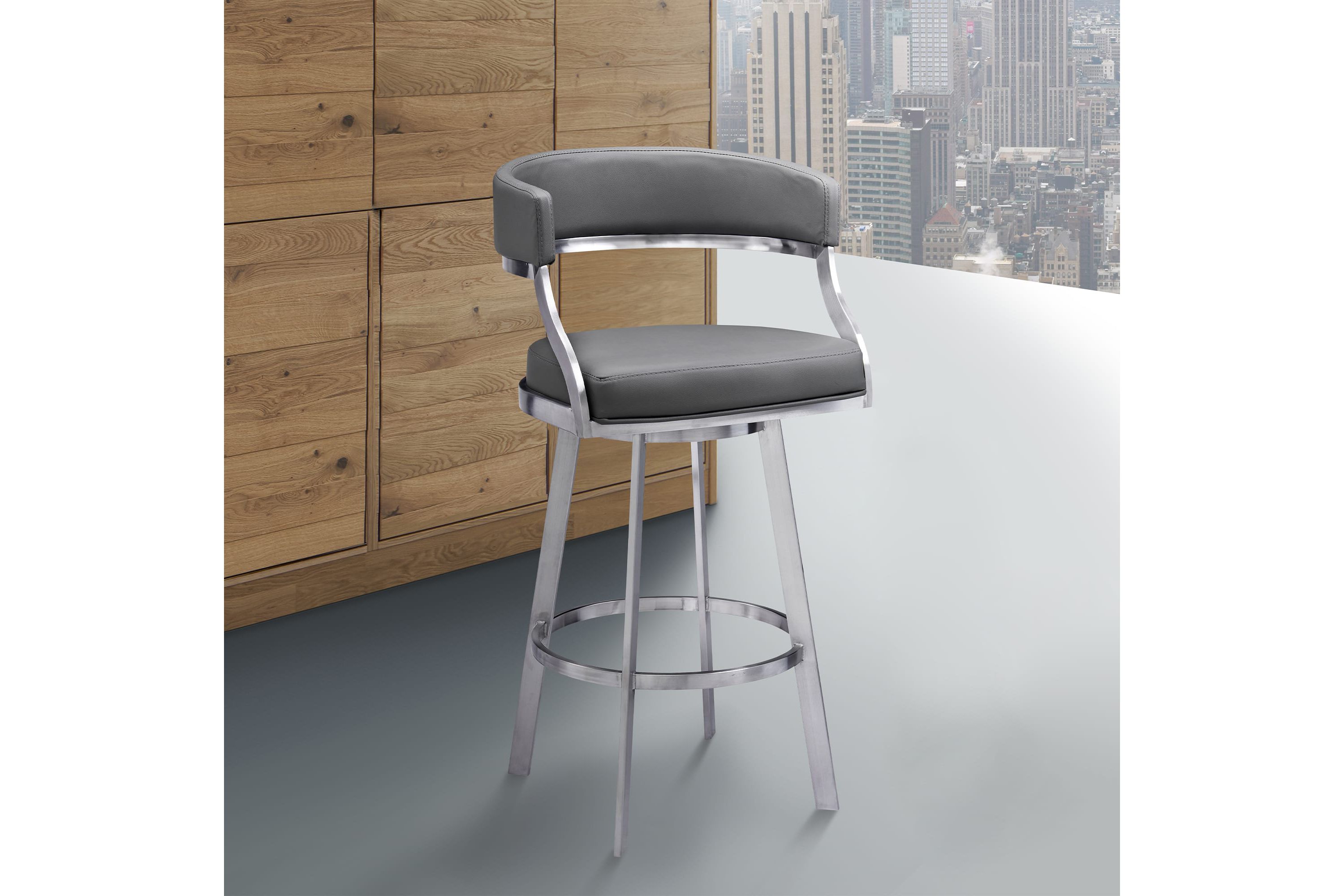 Saturn 30" Bar Height Swivel Gray Faux Leather and Brushed Stainless Steel Bar Stool