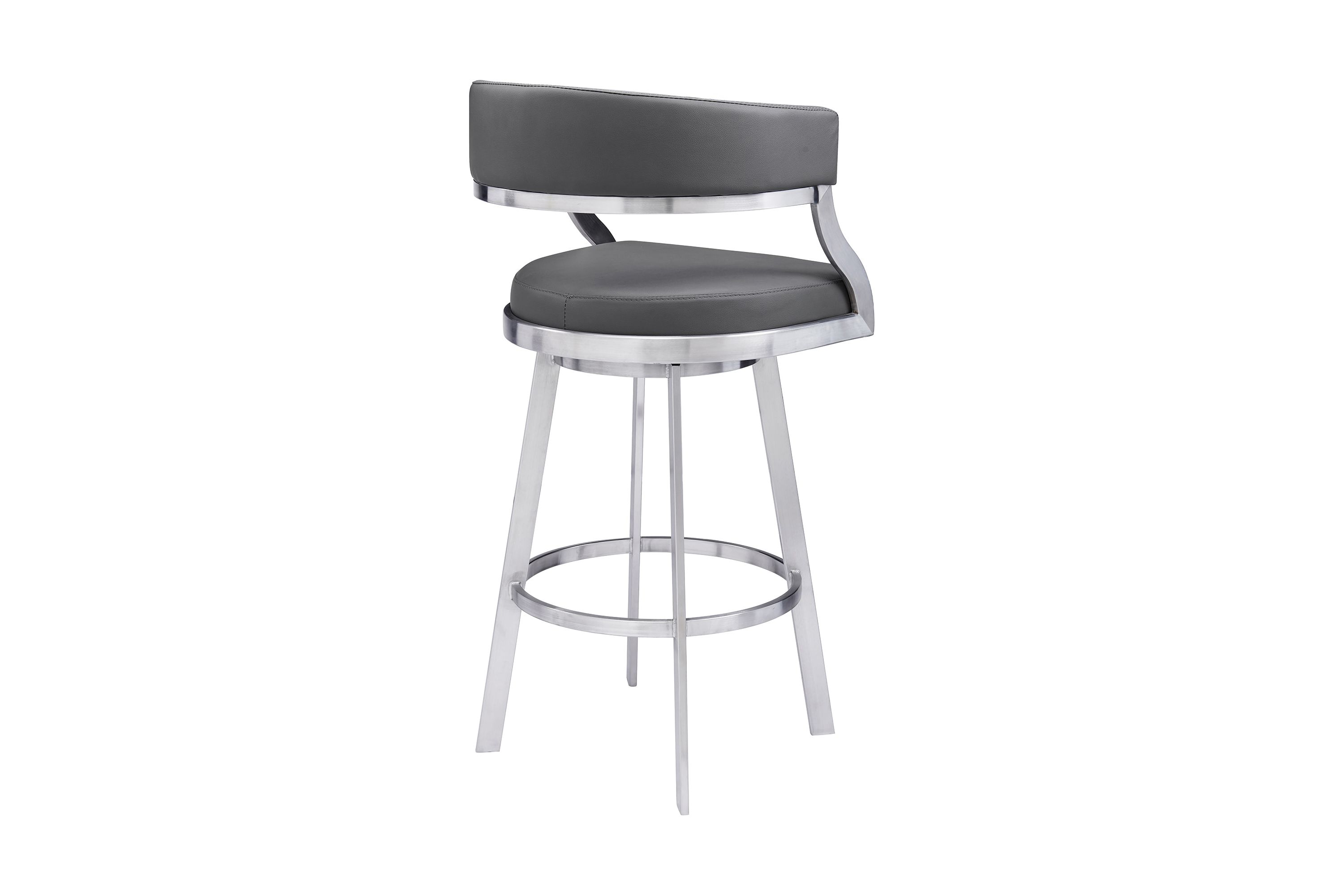 Saturn 30" Bar Height Swivel Gray Faux Leather and Brushed Stainless Steel Bar Stool