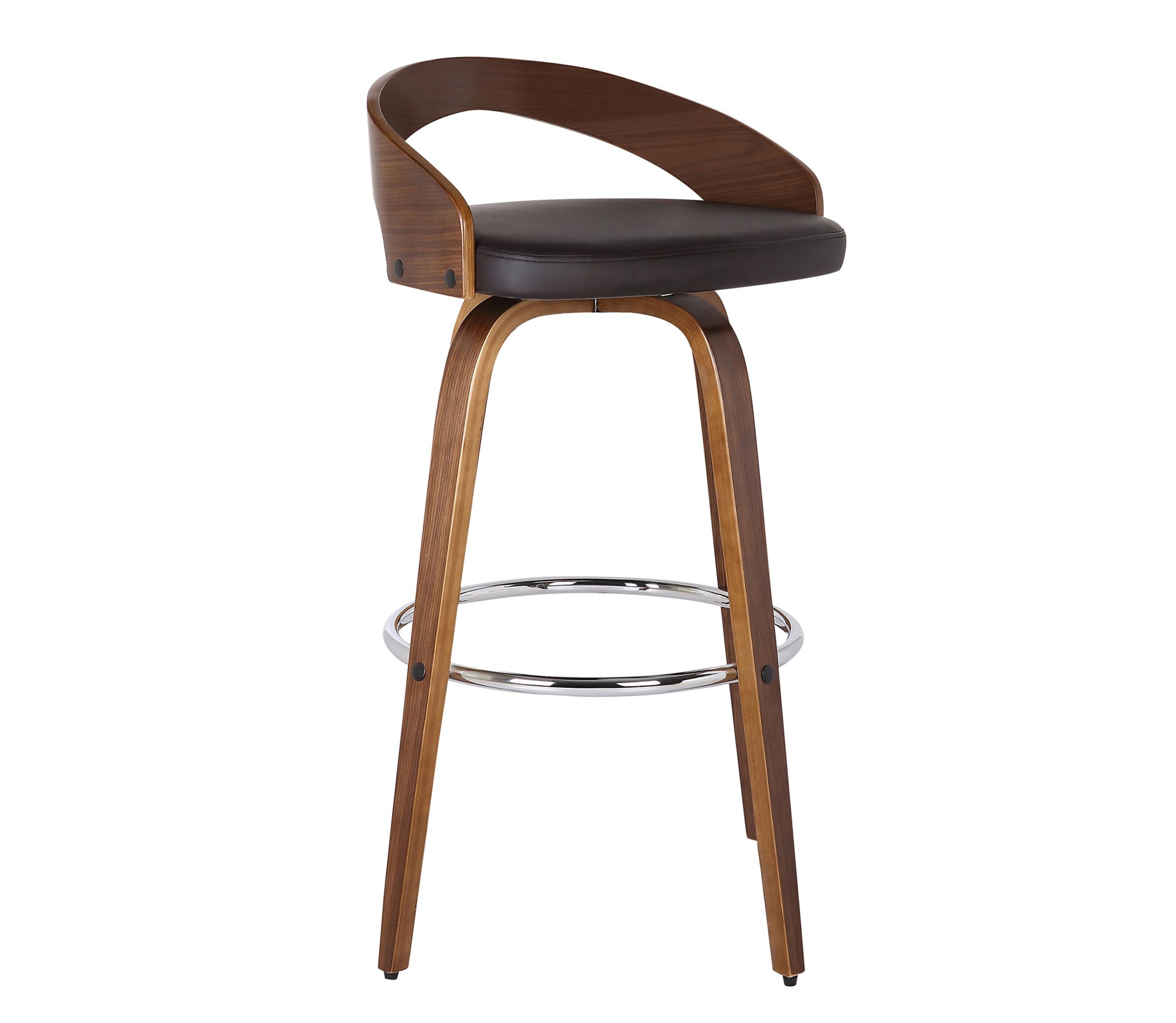 Sonia 30" Bar Height Swivel Brown Faux Leather and Walnut Wood Bar Stool