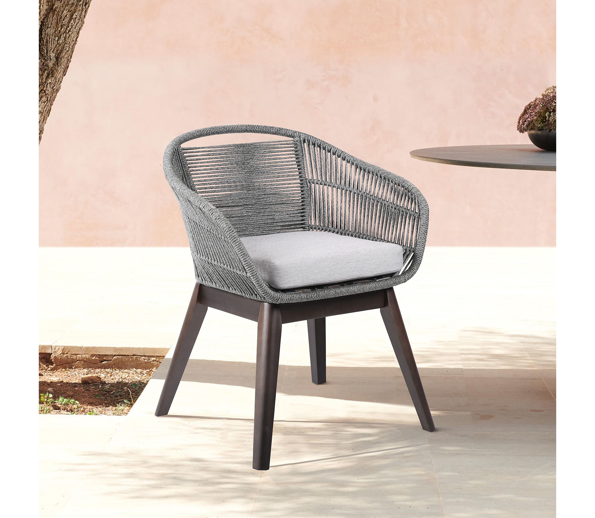 Tutti Frutti Indoor Outdoor Dining Chair in Dark Eucalyptus Wood with Gray Rope and Gray Cushion