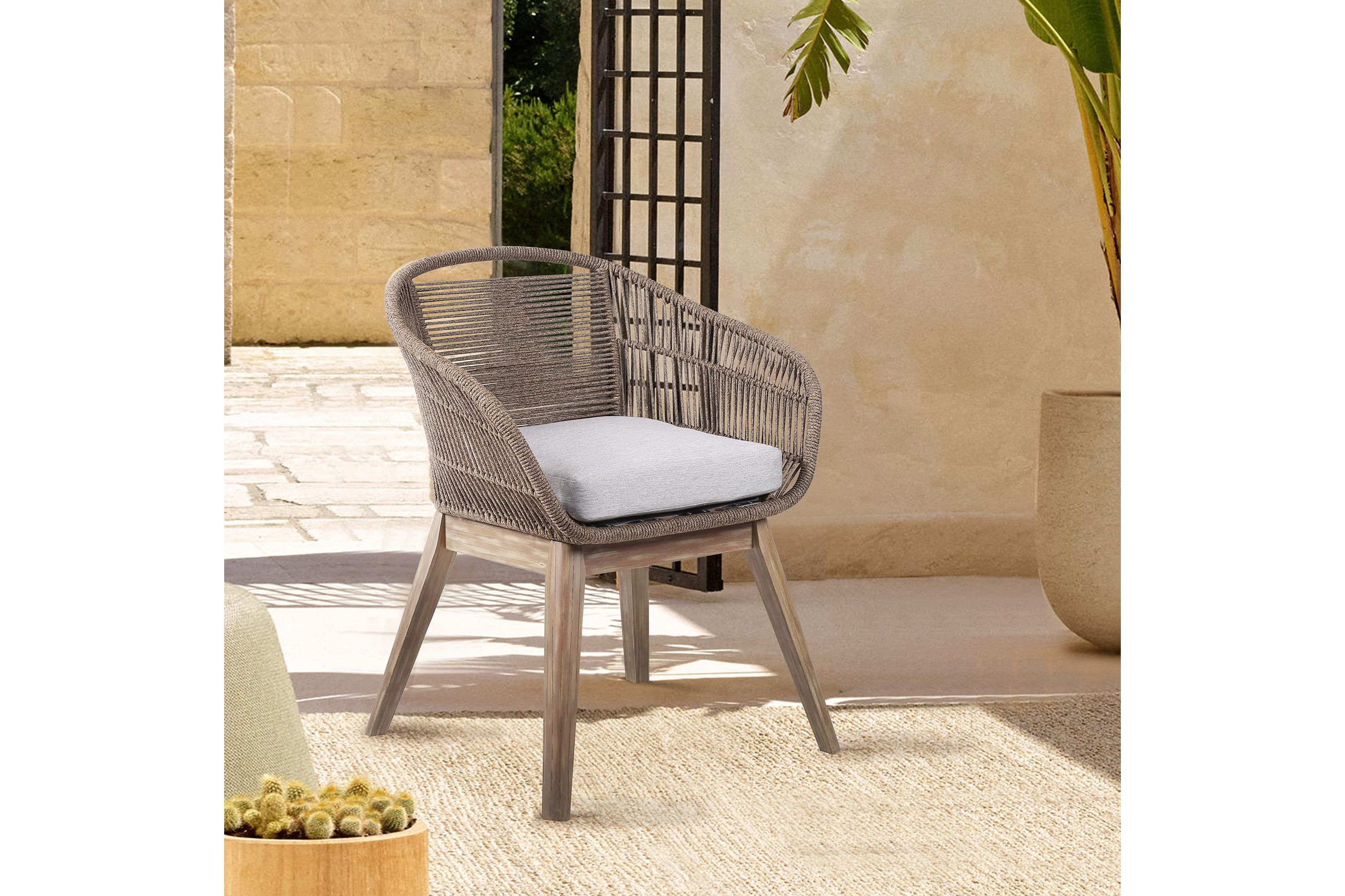 Tutti Frutti Indoor Outdoor Dining Chair in Light Eucalyptus Wood with Truffle Rope and Gray Cushion