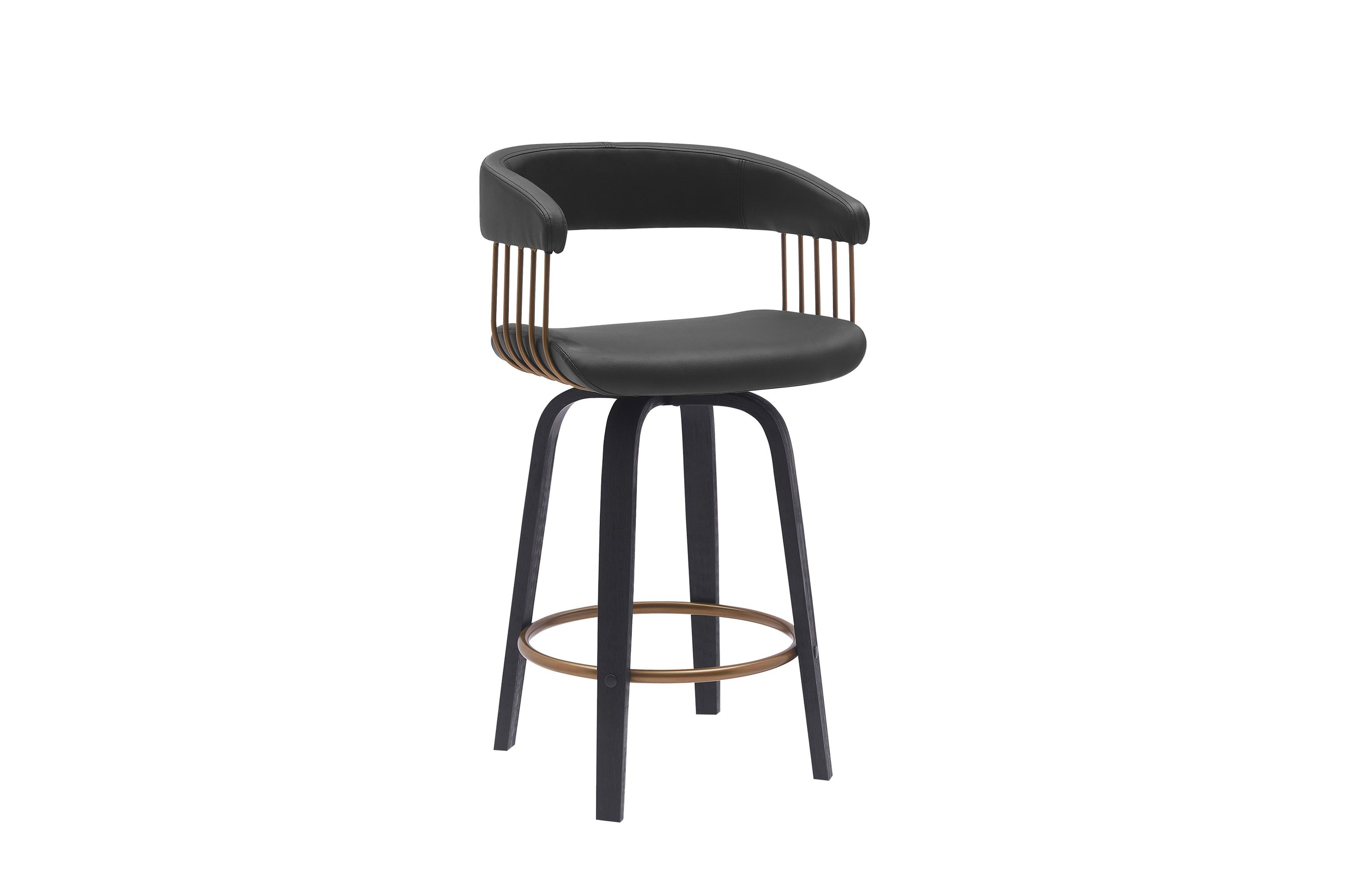 Topanga 26" Swivel Black Wood Counter Stool in Black Faux Leather with Golden Bronze Metal