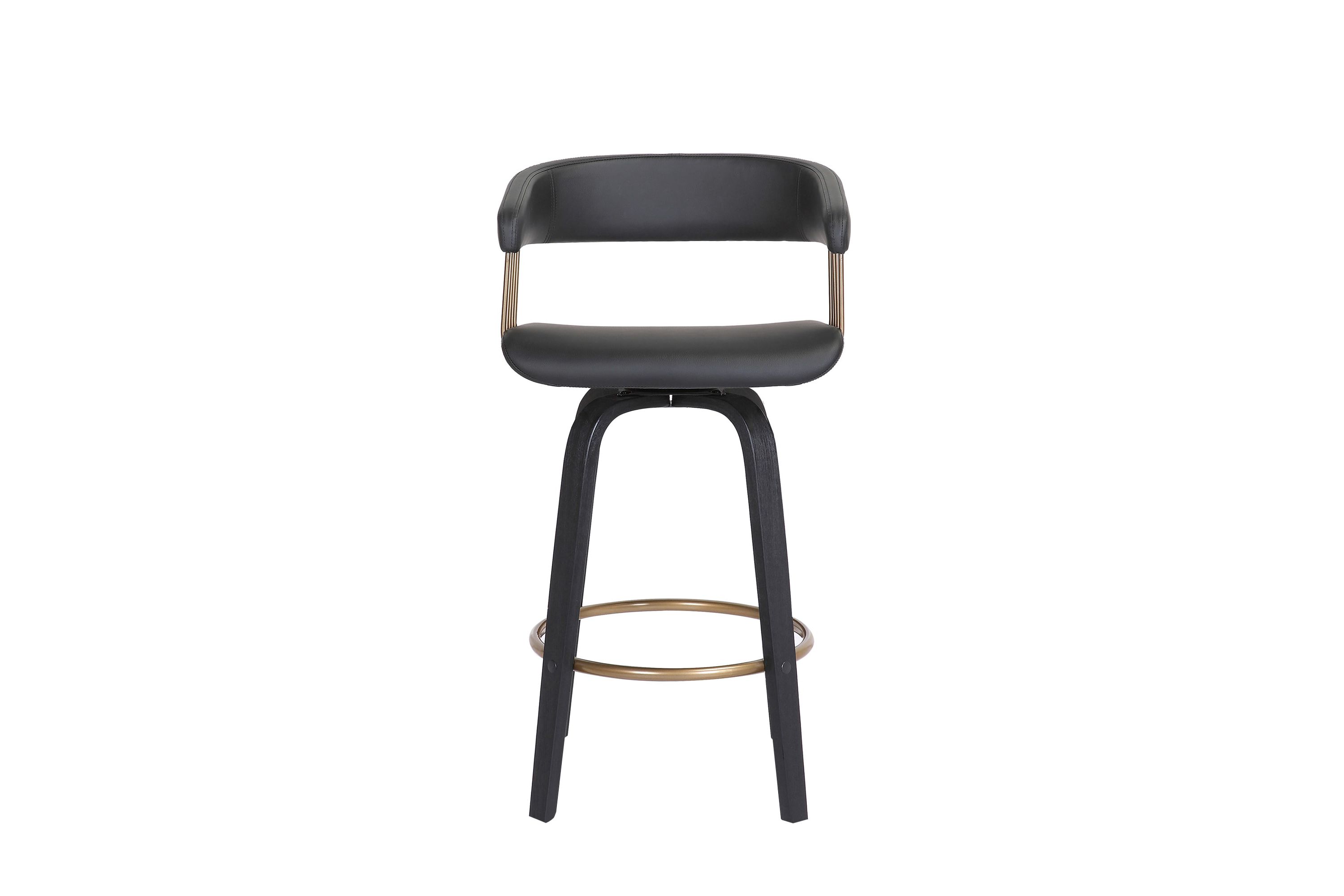 Topanga 26" Swivel Black Wood Counter Stool in Black Faux Leather with Golden Bronze Metal