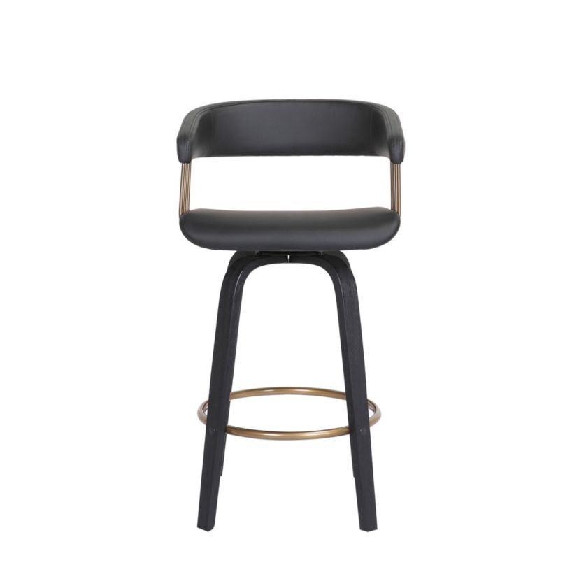 Topanga 26" Swivel Black Wood Counter Stool in Black Faux Leather with Golden Bronze Metal