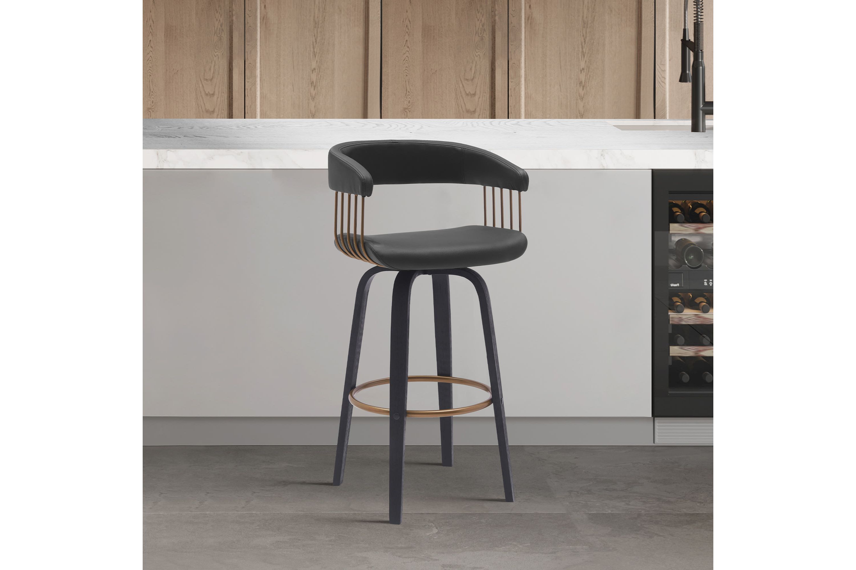 Topanga 26" Swivel Black Wood Counter Stool in Black Faux Leather with Golden Bronze Metal
