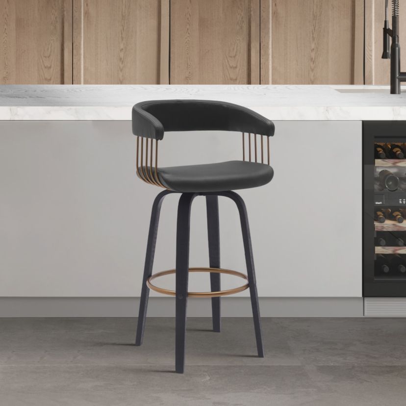 Topanga 26" Swivel Black Wood Counter Stool in Black Faux Leather with Golden Bronze Metal