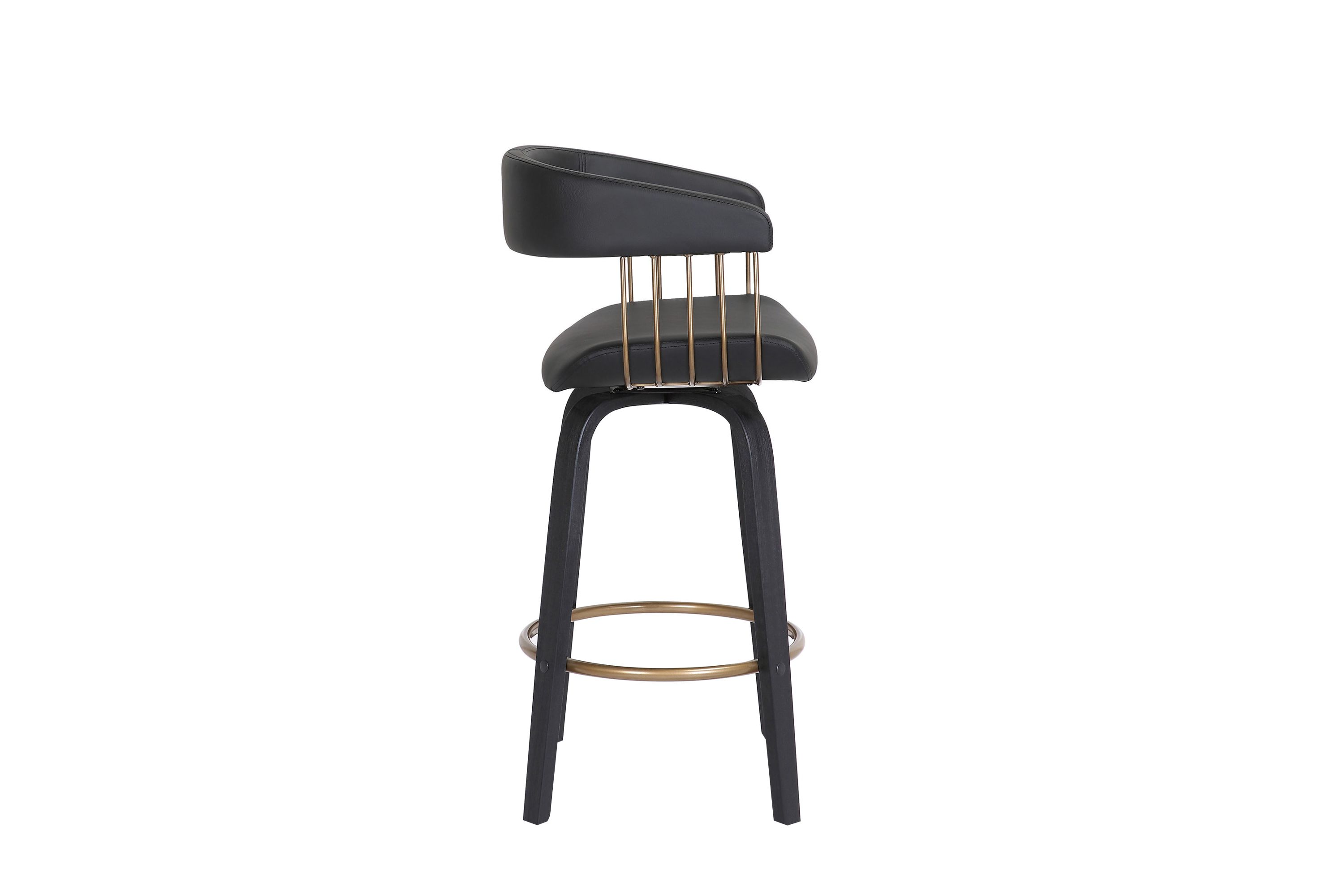 Topanga 26" Swivel Black Wood Counter Stool in Black Faux Leather with Golden Bronze Metal
