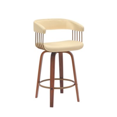 Armen Living Topanga 26" Swivel Walnut Wood Counter Stool in Cream Faux Leather with Golden Bronze Metal, White