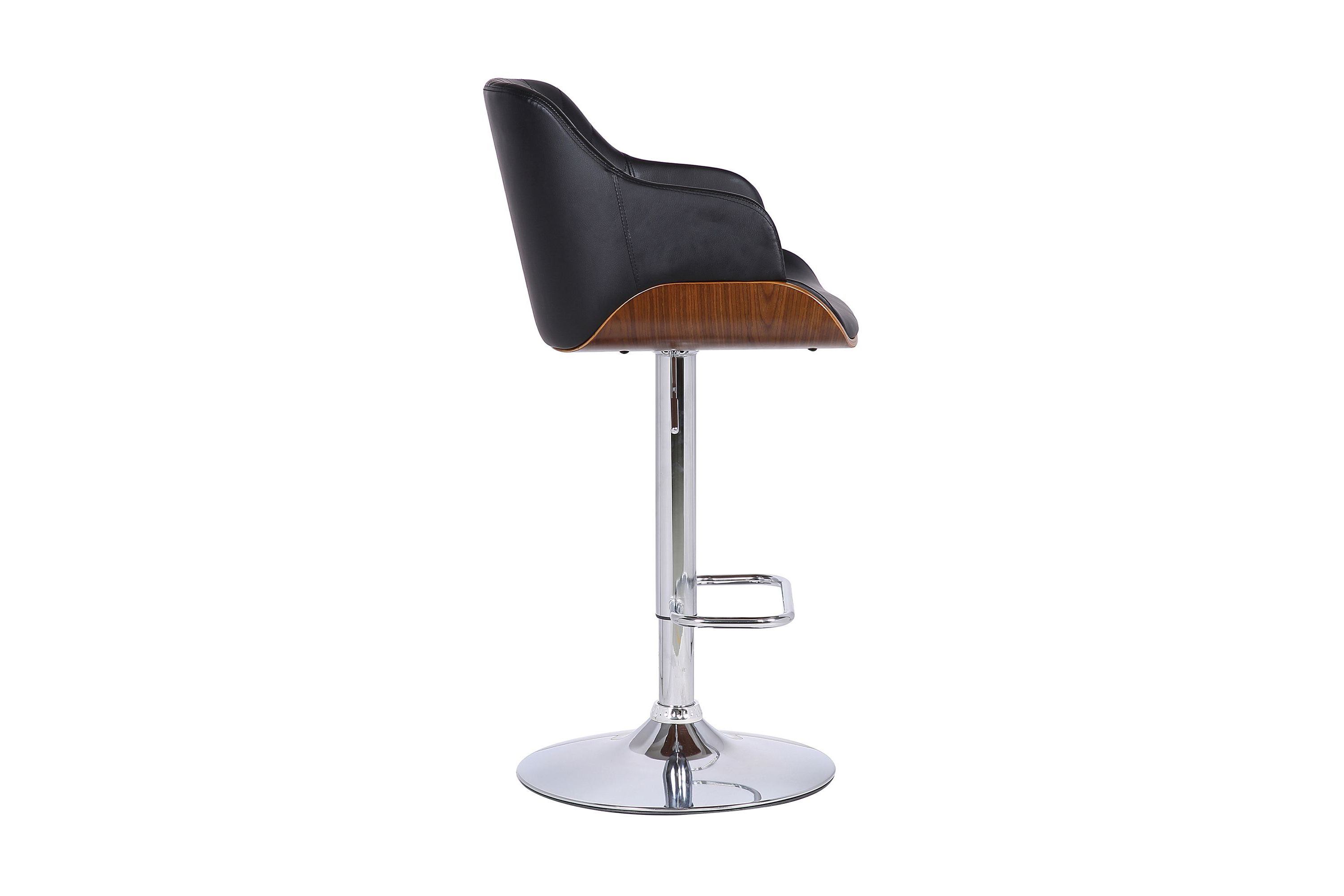 Toby Black Faux Leather Adjustable Height Swivel Walnut Wood and Chrome Bar Stool