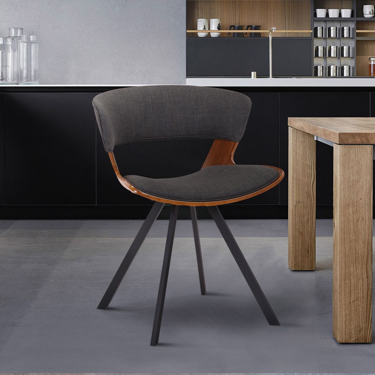 Ulric Wood and Metal Modern Dining Room Accent Chair in Charcoal Gray