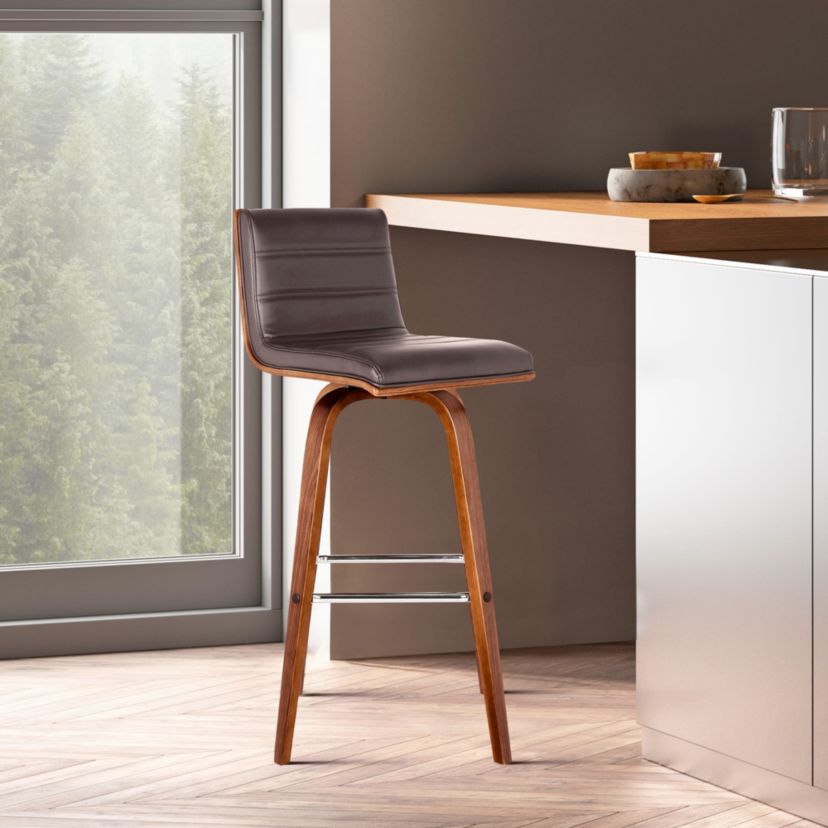 Vienna 30" Bar Height Swivel Brown Faux Leather and Walnut Wood Bar Stool