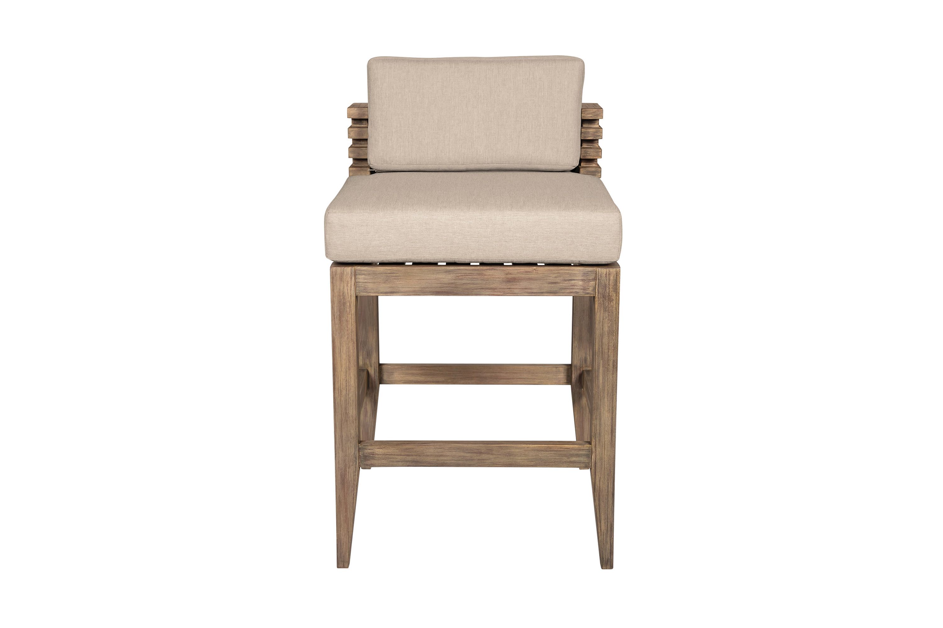 Vivid Outdoor Patio Bar Stool in Light Eucalyptus Wood with Taupe Olefin Cushions