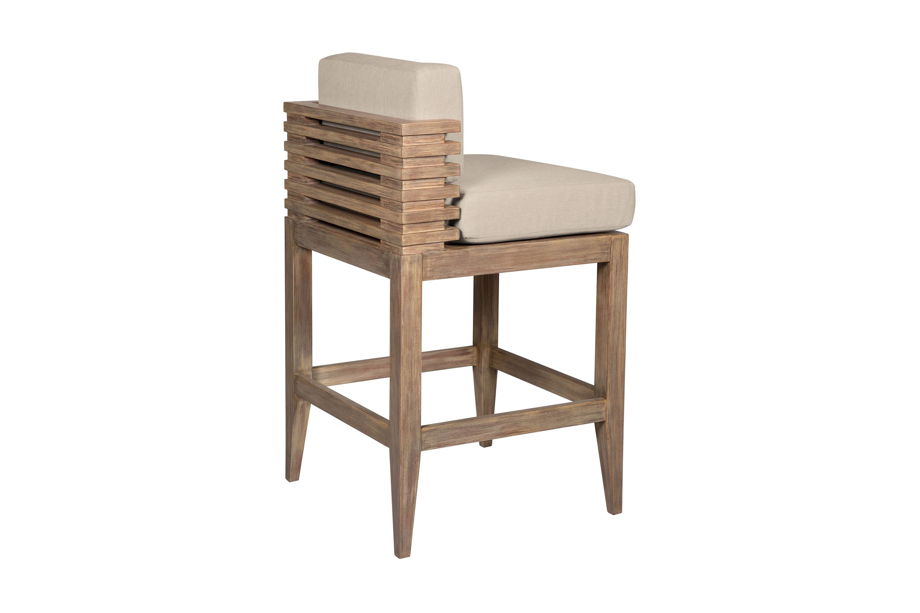Vivid Outdoor Patio Bar Stool in Light Eucalyptus Wood with Taupe Olefin Cushions
