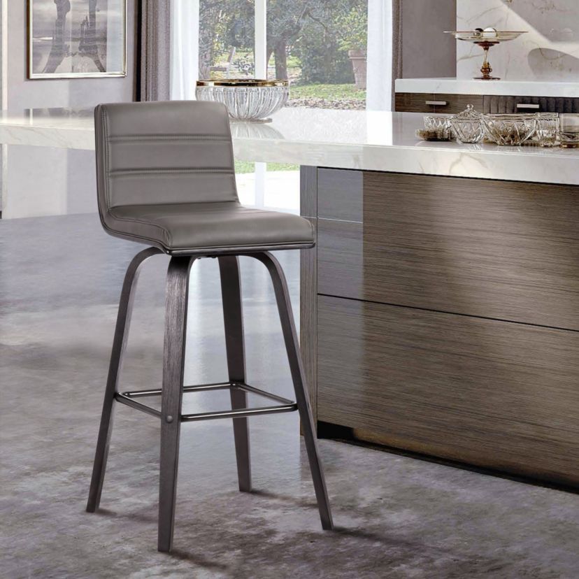 Vienna 30" Bar Height Swivel Grey Faux Leather and Black Wood Bar Stool