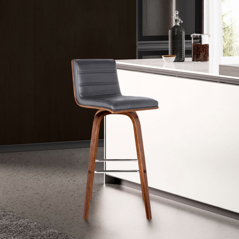Vienna 26" Counter Height Swivel Grey Faux Leather and Walnut Wood Bar Stool
