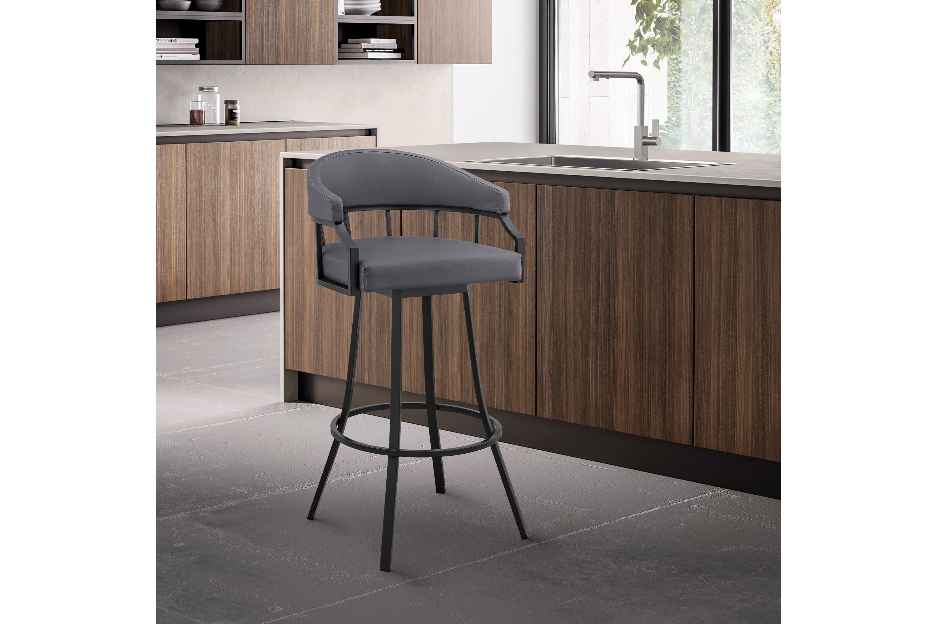 Valerie 26" Swivel Slate Gray Faux Leather and Black Metal Bar Stool