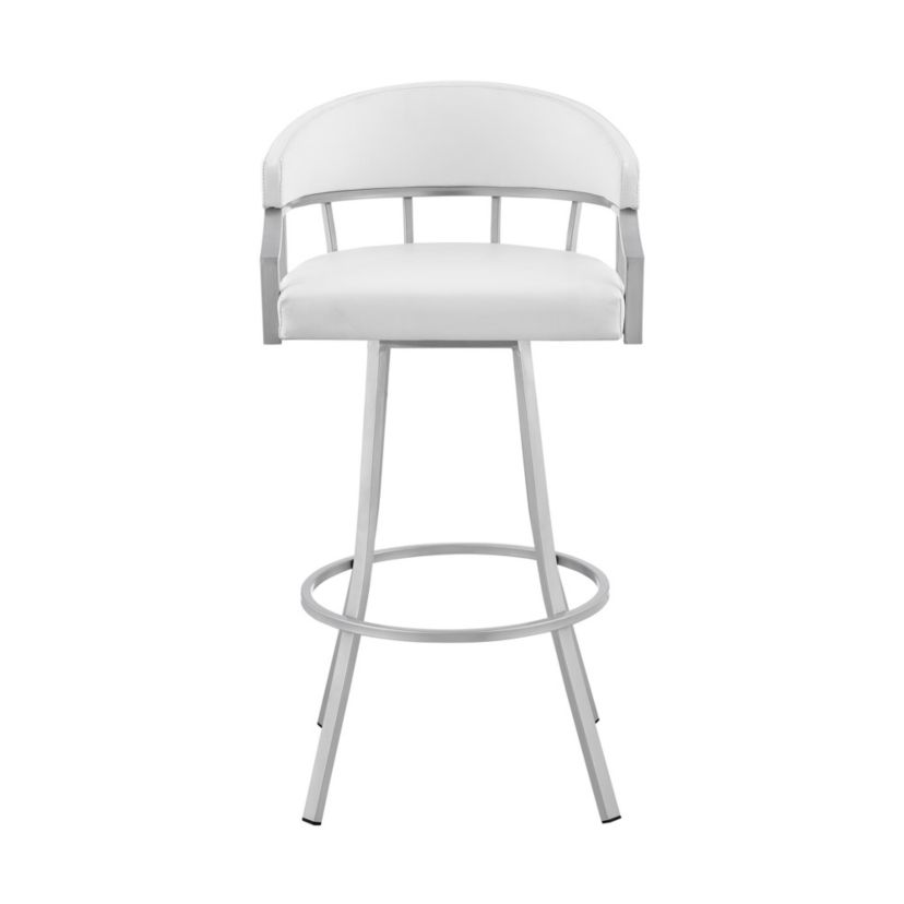 Valerie 30" Swivel White Faux Leather and Silver Metal Bar Stool