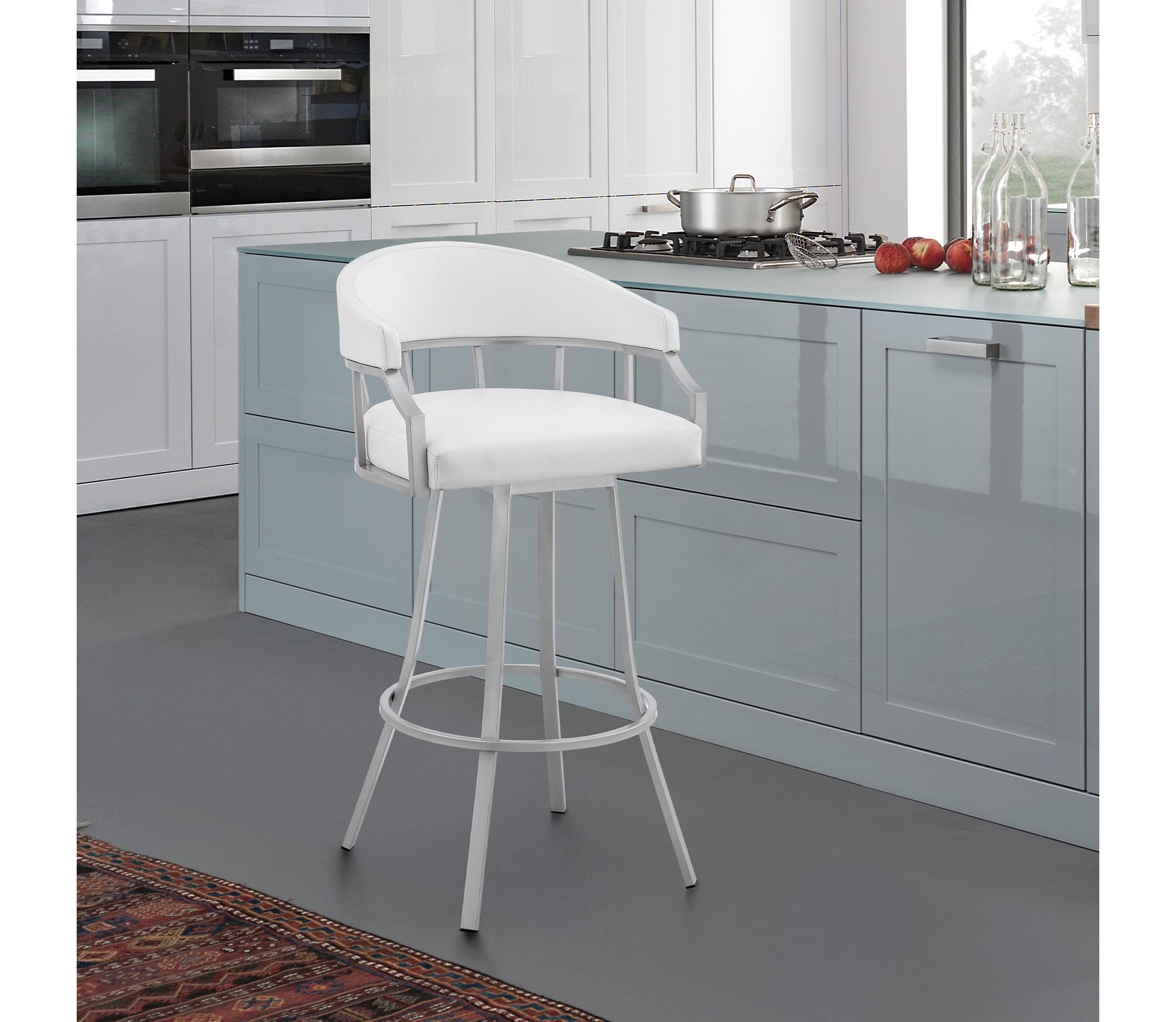 Valerie 30" Swivel White Faux Leather and Silver Metal Bar Stool
