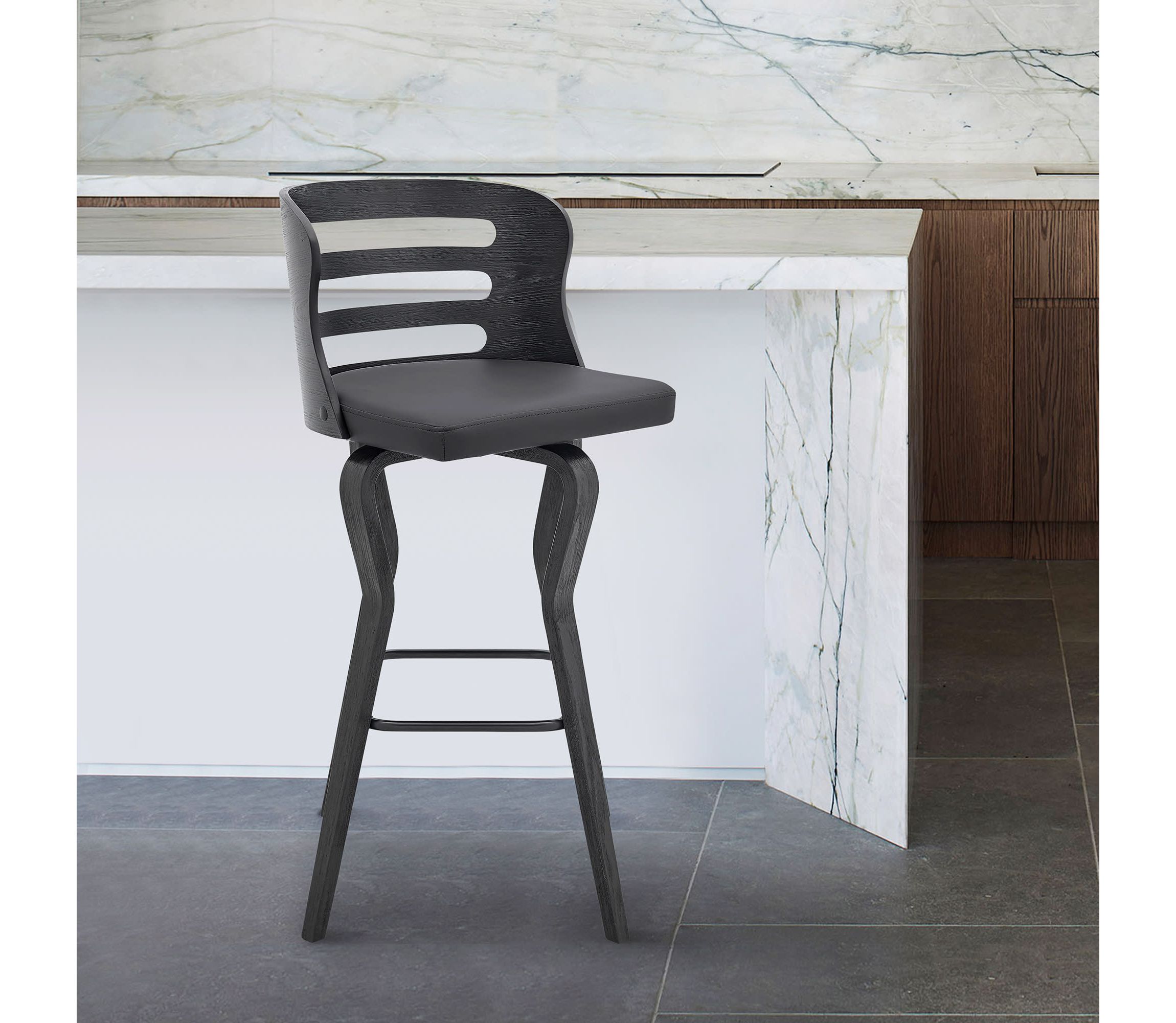Verne 30" Swivel Gray Faux Leather and Black Wood Bar Stool