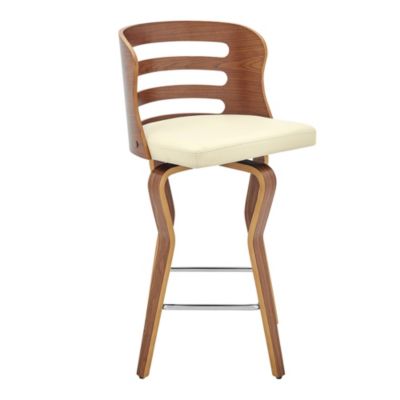 Armen Living Verne 26" Swivel Cream Faux Leather and Walnut Wood Bar Stool, White