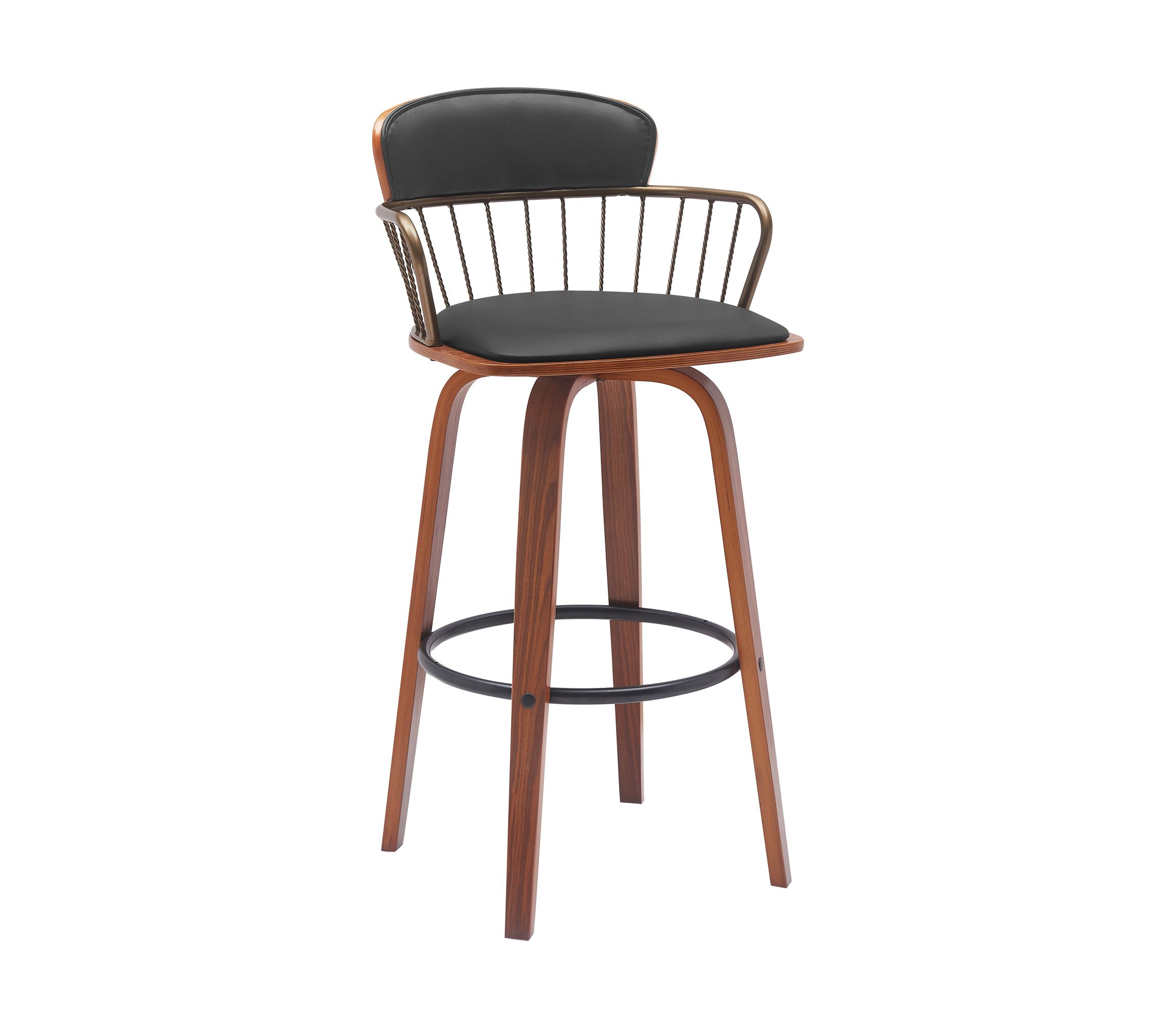 Willow 30" Swivel Walnut Wood Bar Stool in Black Faux Leather with Golden Bronze Metal