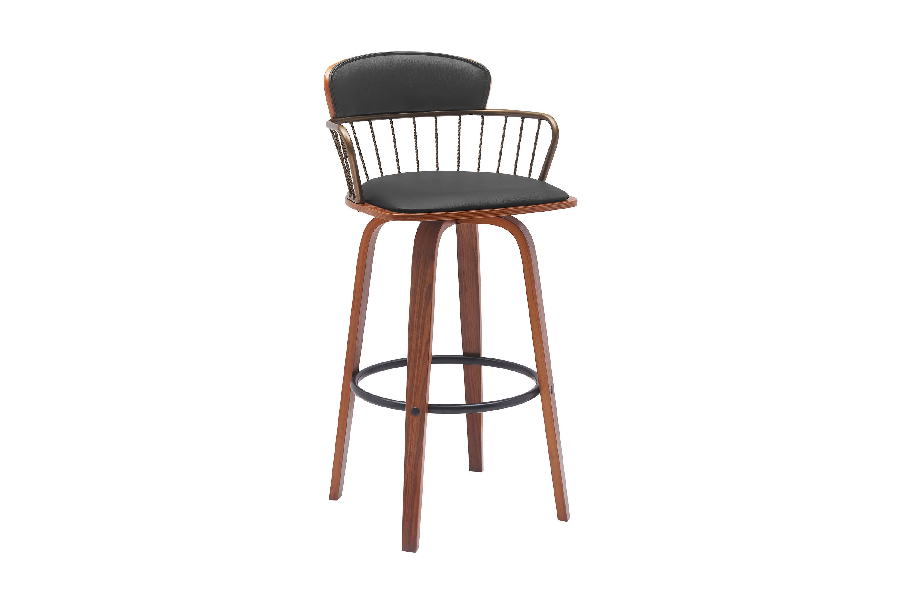 Willow 30" Swivel Walnut Wood Bar Stool in Black Faux Leather with Golden Bronze Metal