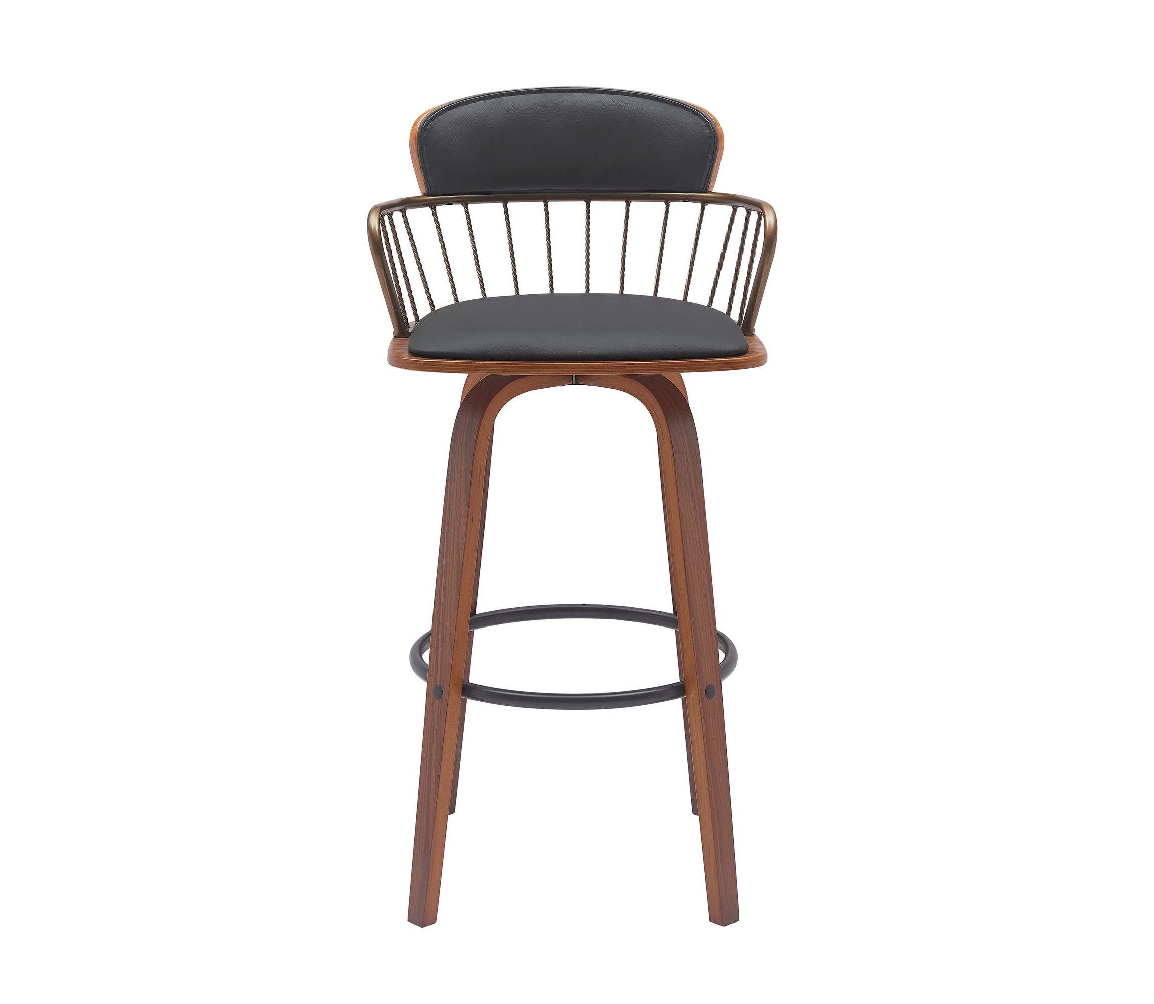 Willow 30" Swivel Walnut Wood Bar Stool in Black Faux Leather with Golden Bronze Metal