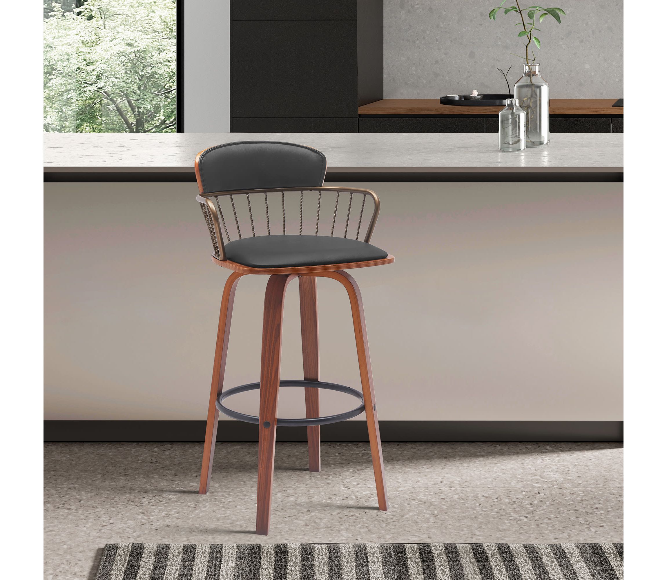 Willow 30" Swivel Walnut Wood Bar Stool in Black Faux Leather with Golden Bronze Metal