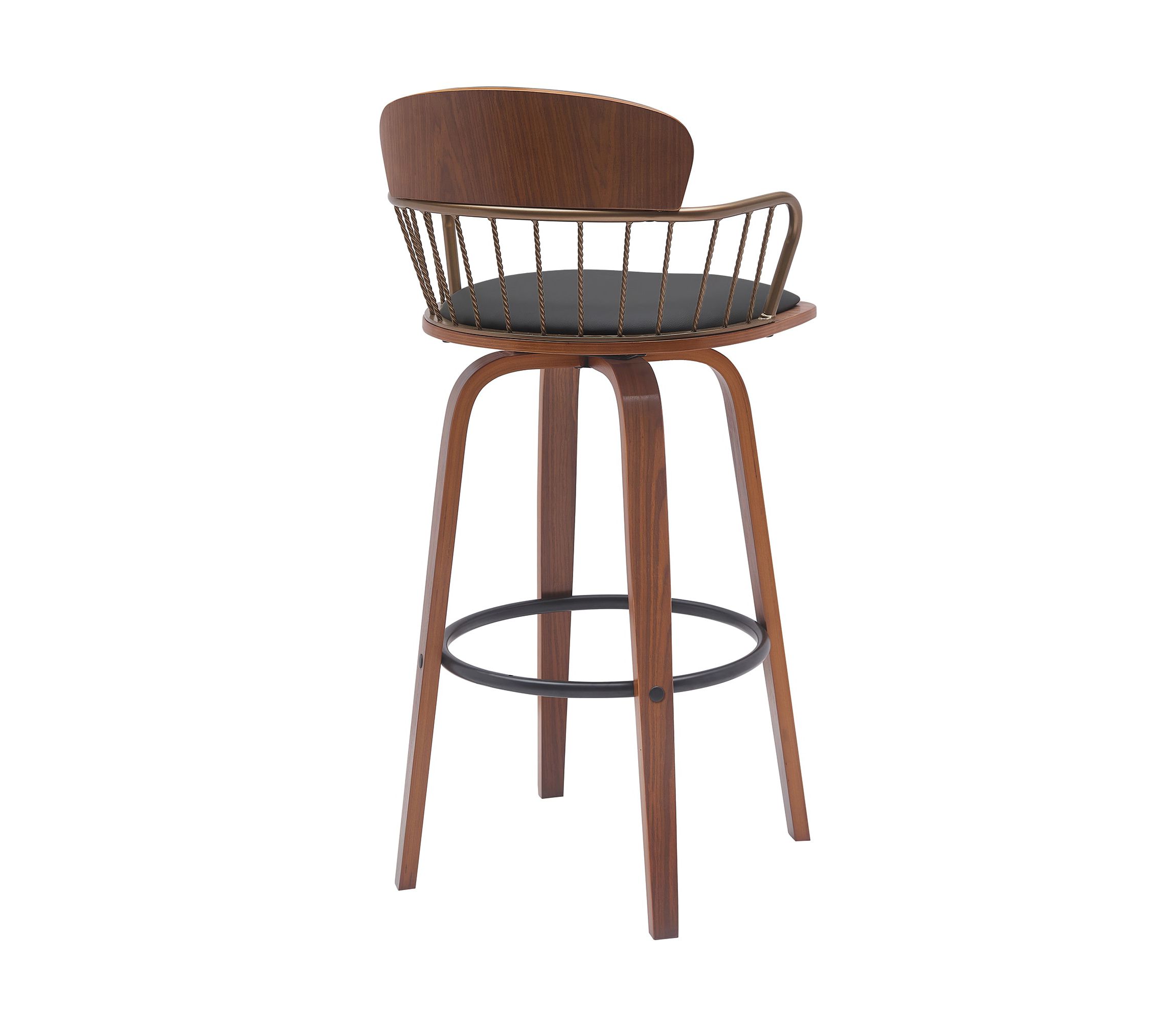 Willow 30" Swivel Walnut Wood Bar Stool in Black Faux Leather with Golden Bronze Metal