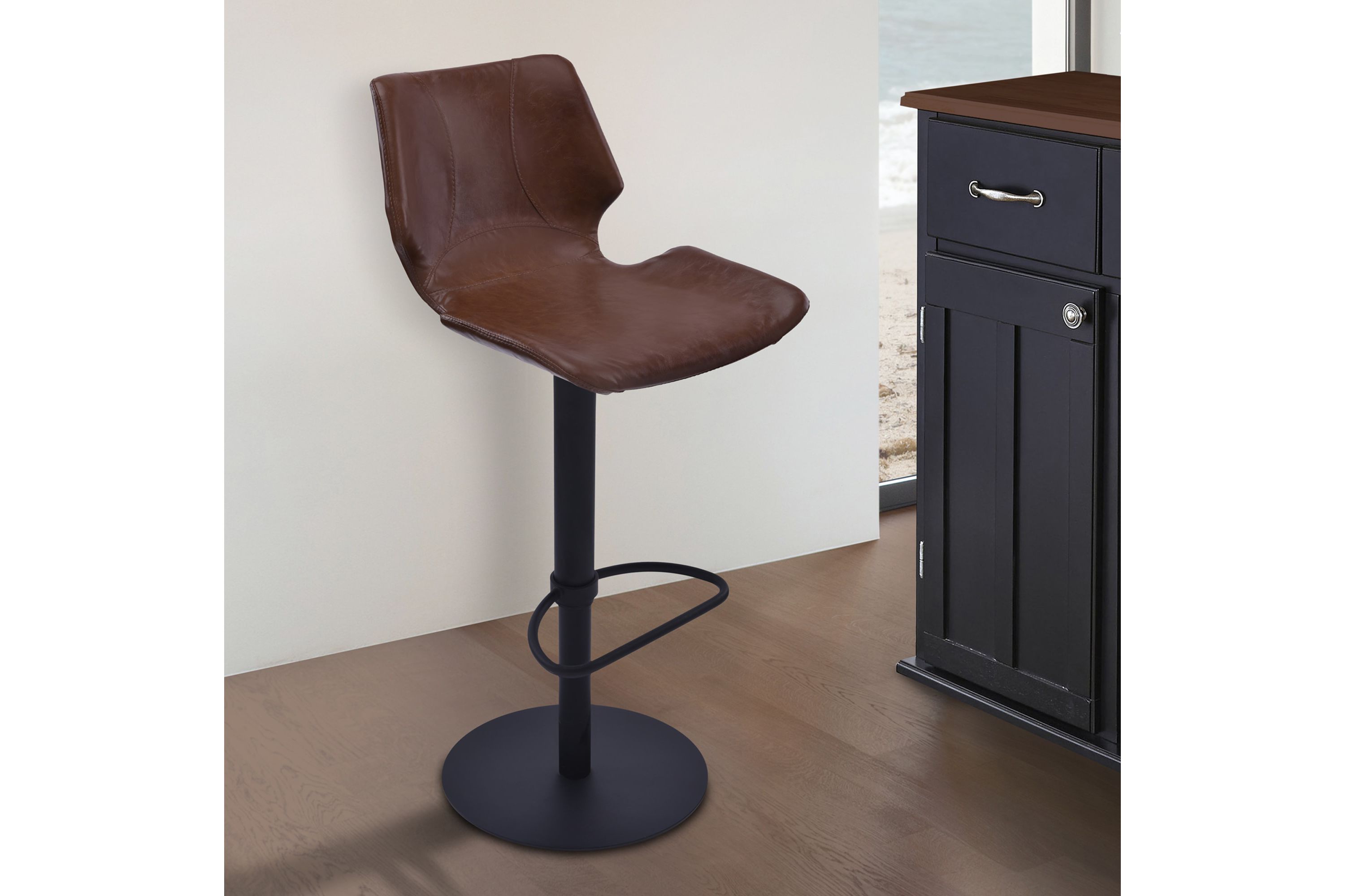 Zuma Adjustable Swivel Metal Barstool in Vintage Coffee Faux Leather and Black Metal Finish