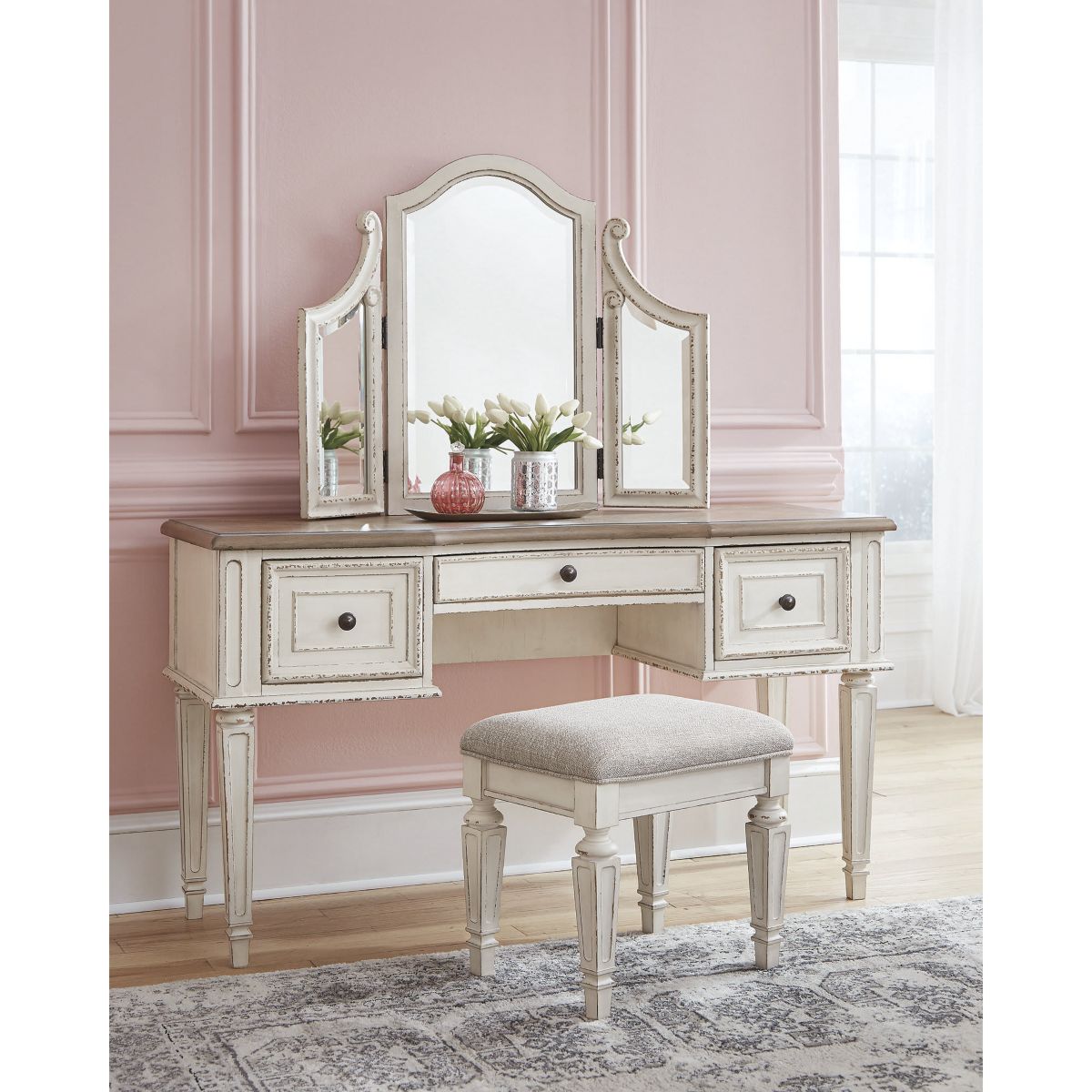 Realyn Vanity and Mirror with Stool
